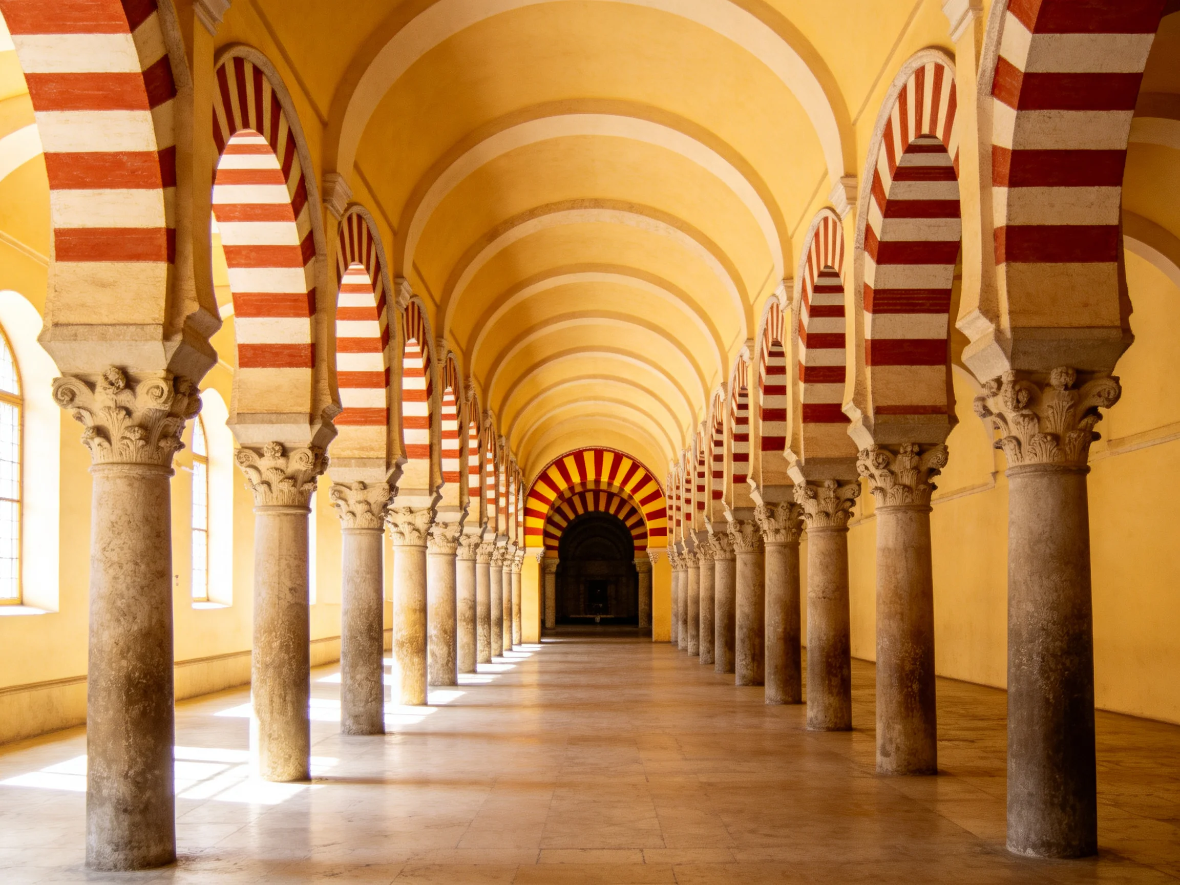 Long corridor with red-and-white striped arches, yellow walls, stone columns