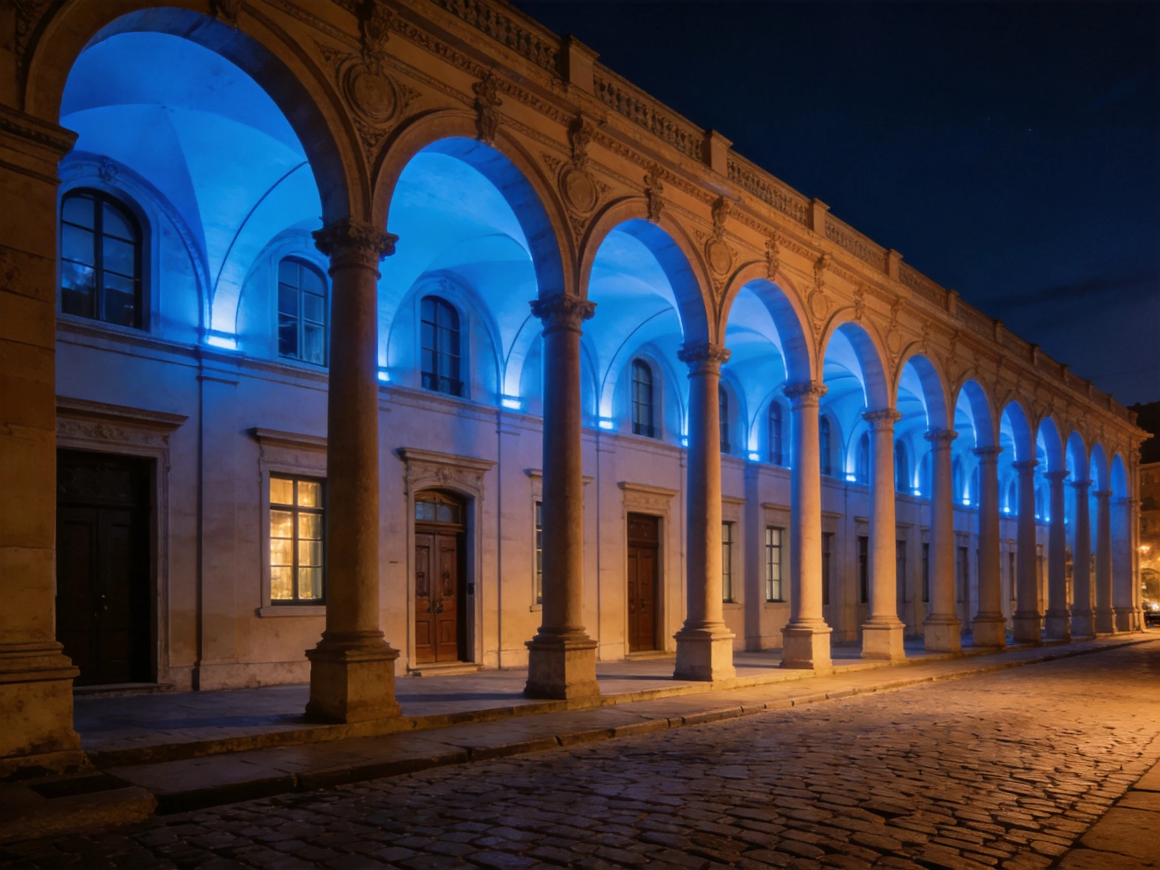 Long row of arched colonnades lit in blue at night