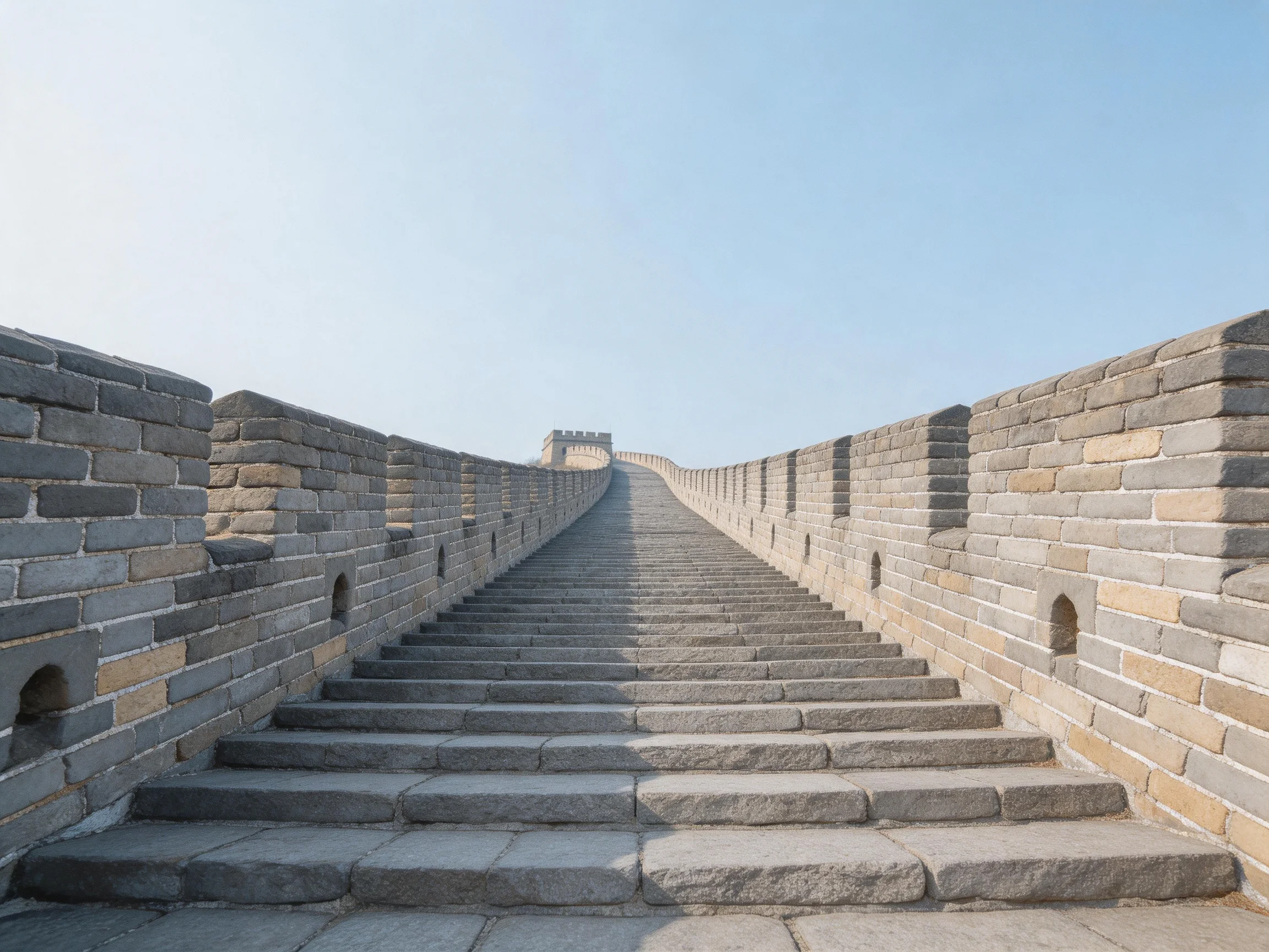 Long stone steps ascend along ancient brick walls of the Great Wall