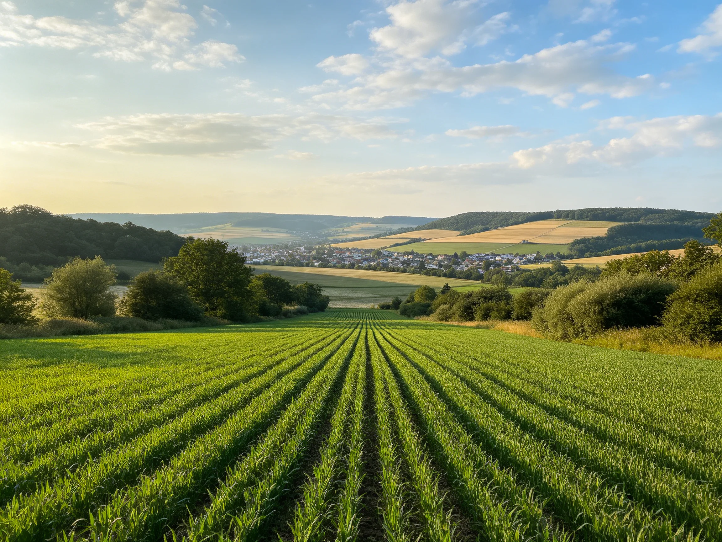 Lush green agricultural fields stretch toward a distant village under a partly cloudy sky