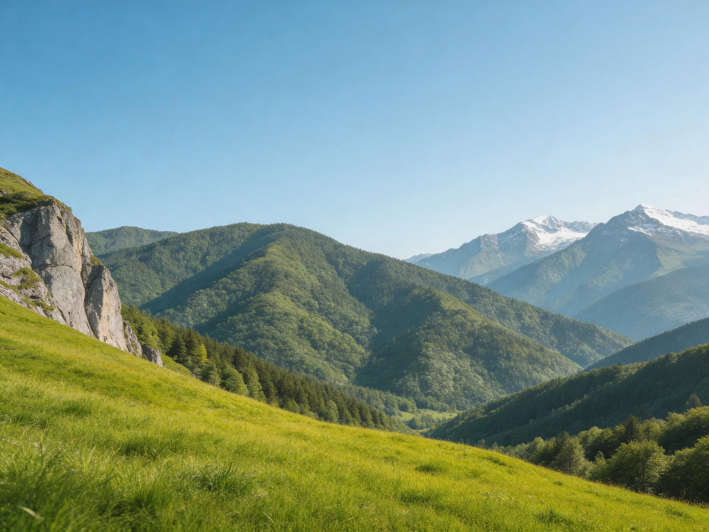 Lush green meadows and forested mountain ranges beneath a clear blue sky
