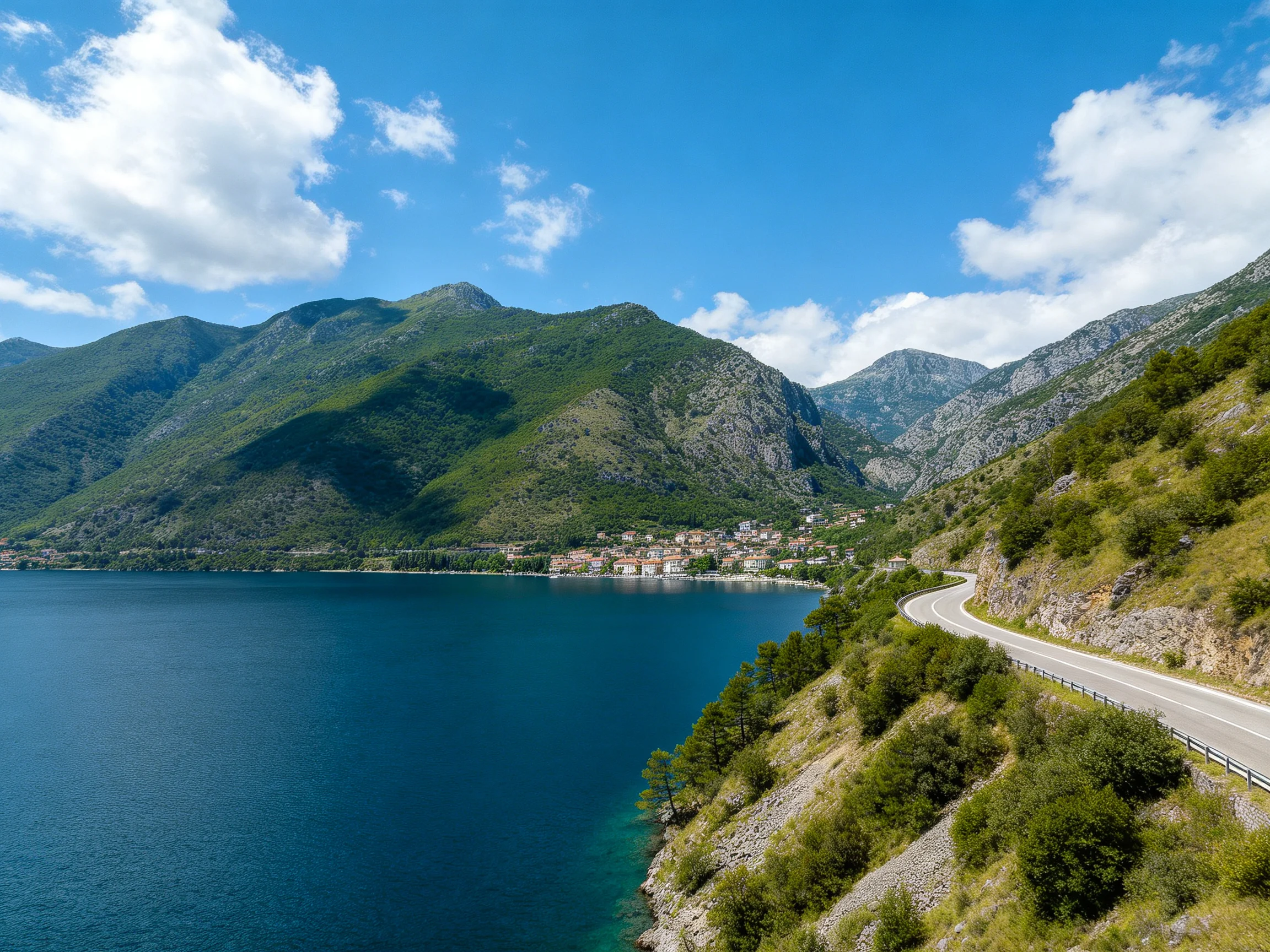 Lush green mountains border a coastal town beside deep blue water with winding roads