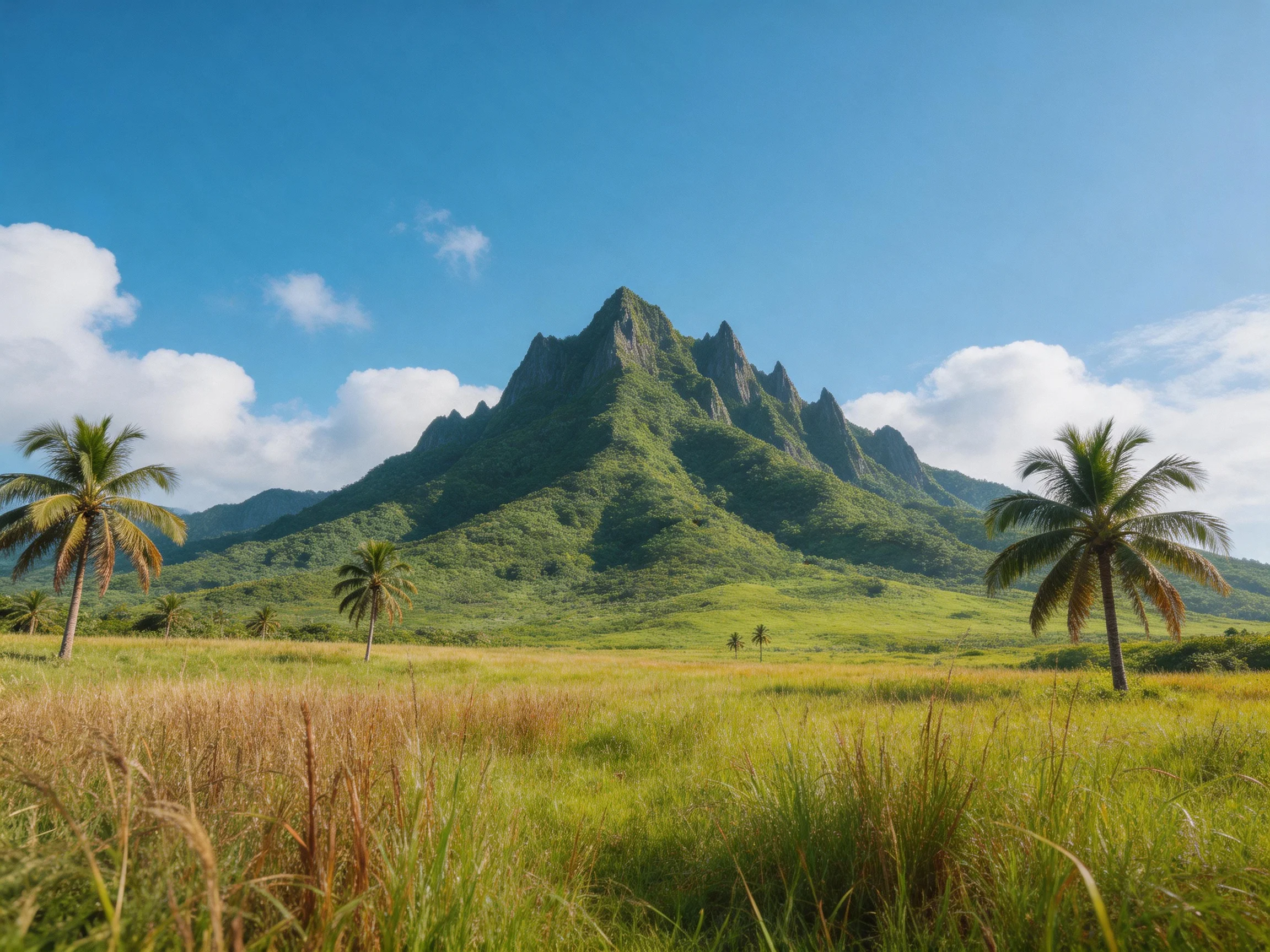 Lush mountain landscape with palm trees and vibrant greenery
