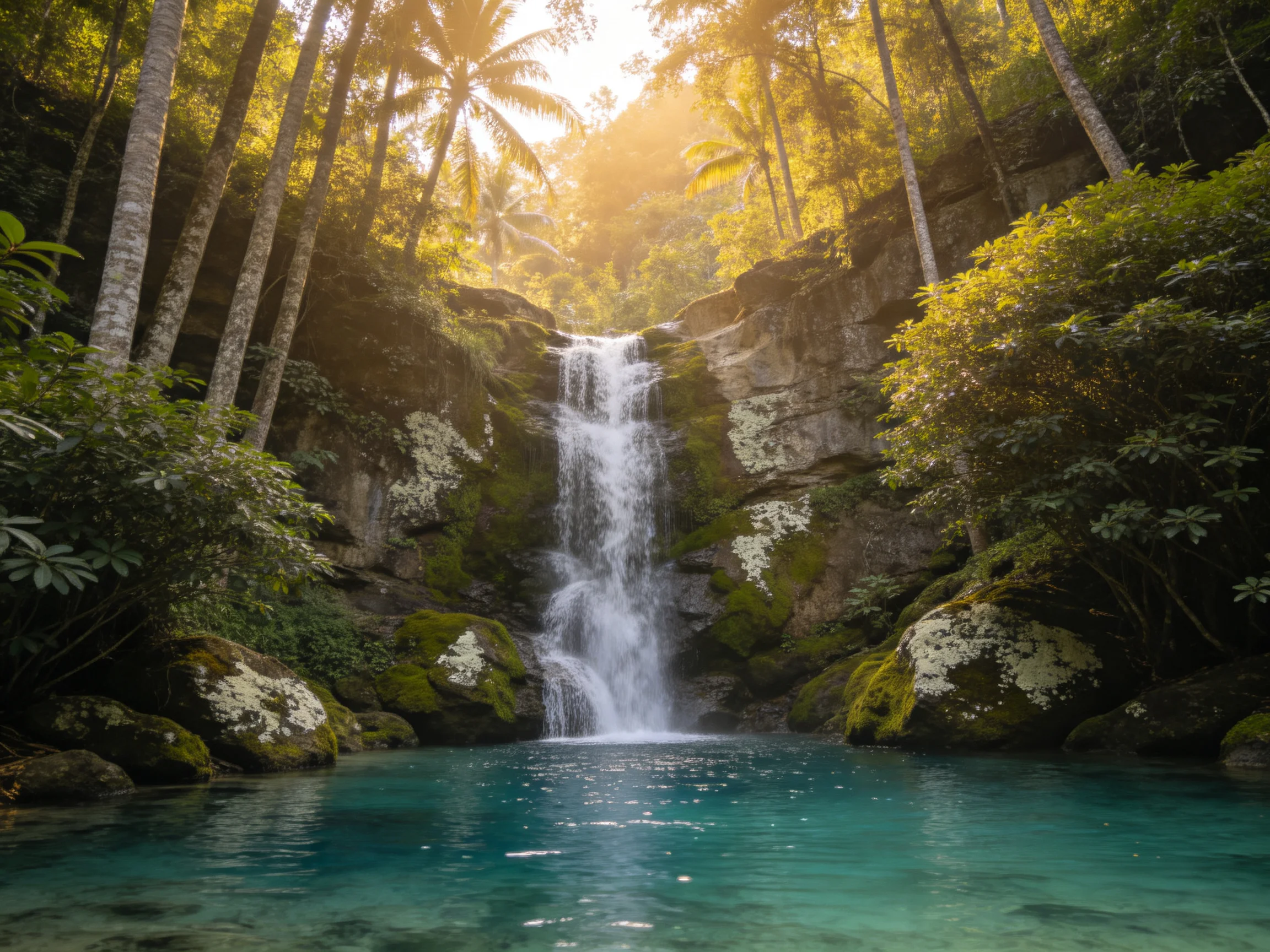 Lush tropical waterfall cascades into turquoise waters amid moss-covered cliffs