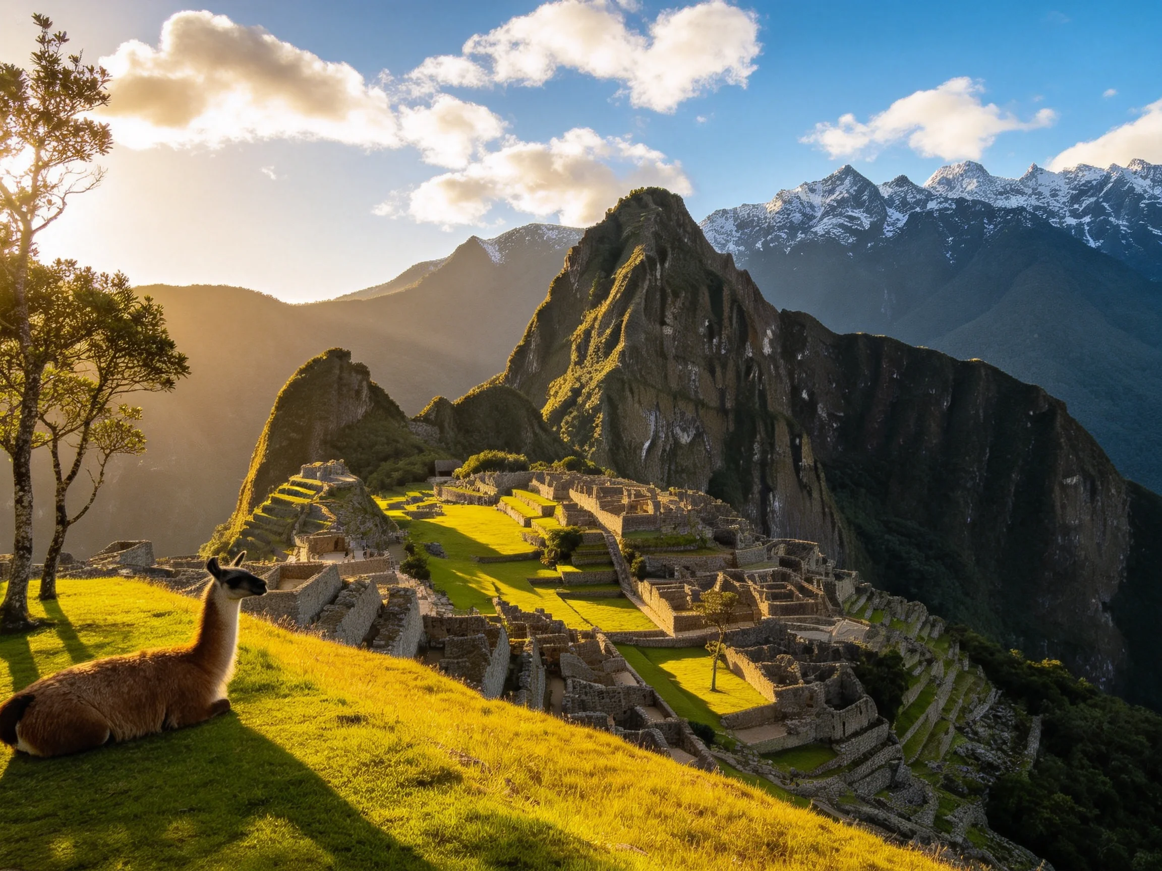 Machu Picchu Ruins, Llama, and Snow-Capped Peaks