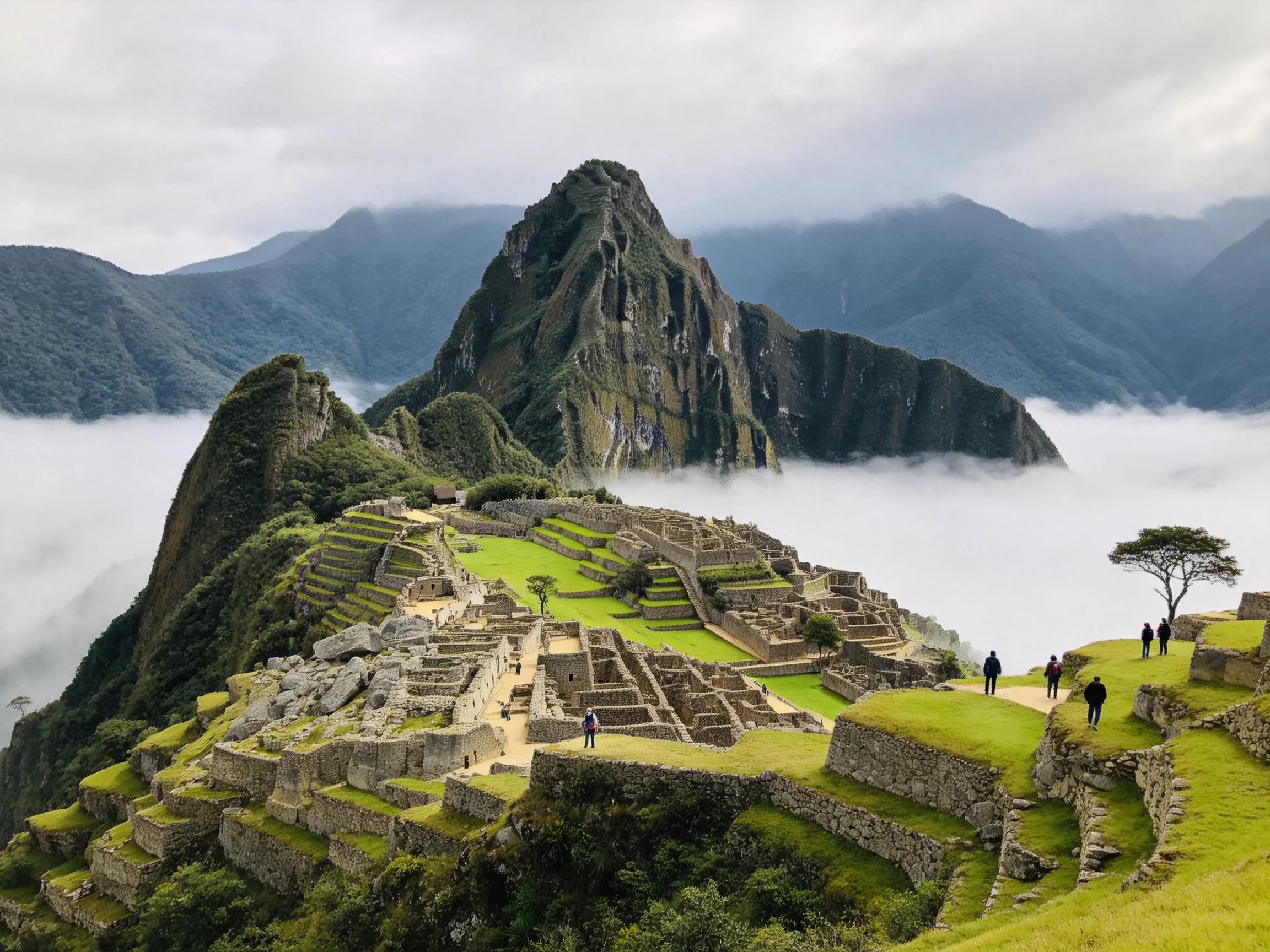 Machu Picchu Ruins Surrounded by Verdant Terraces and Mist-Cloaked Mountains