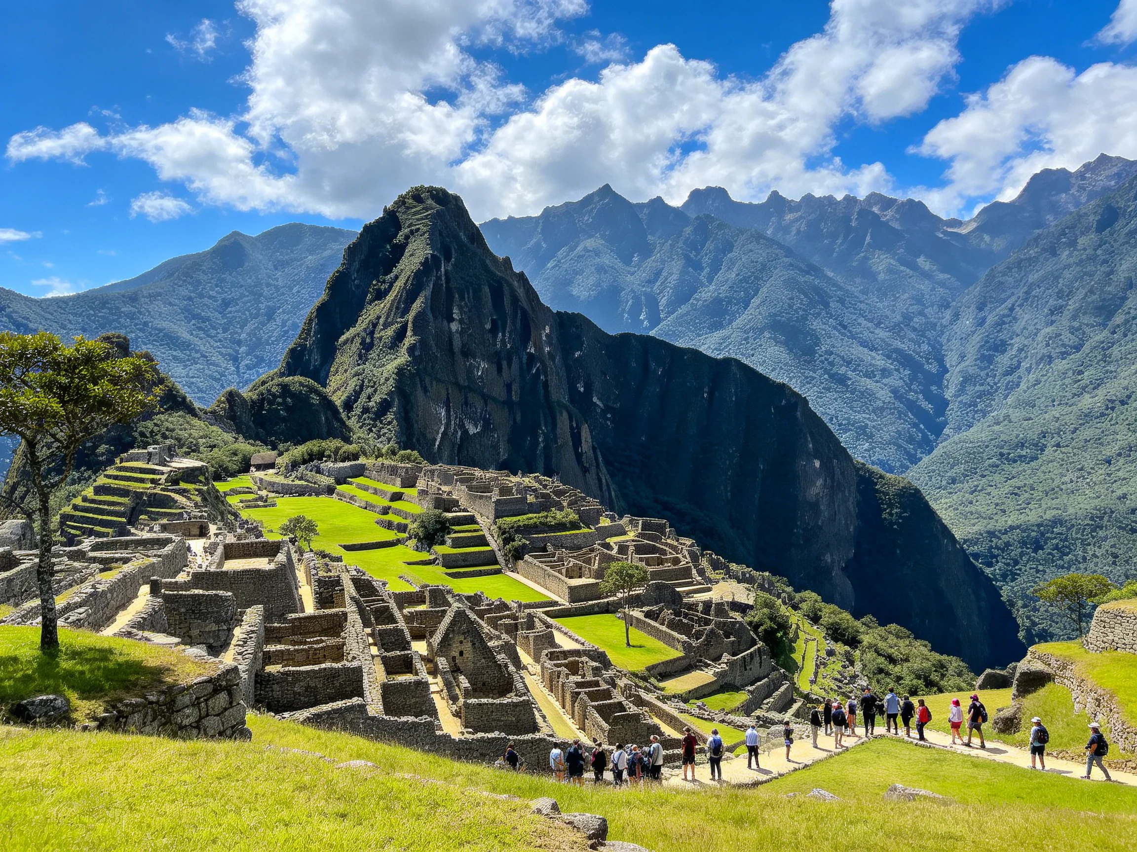 Machu Picchu Ruins with Lush Green Terraces and Majestic Mountains