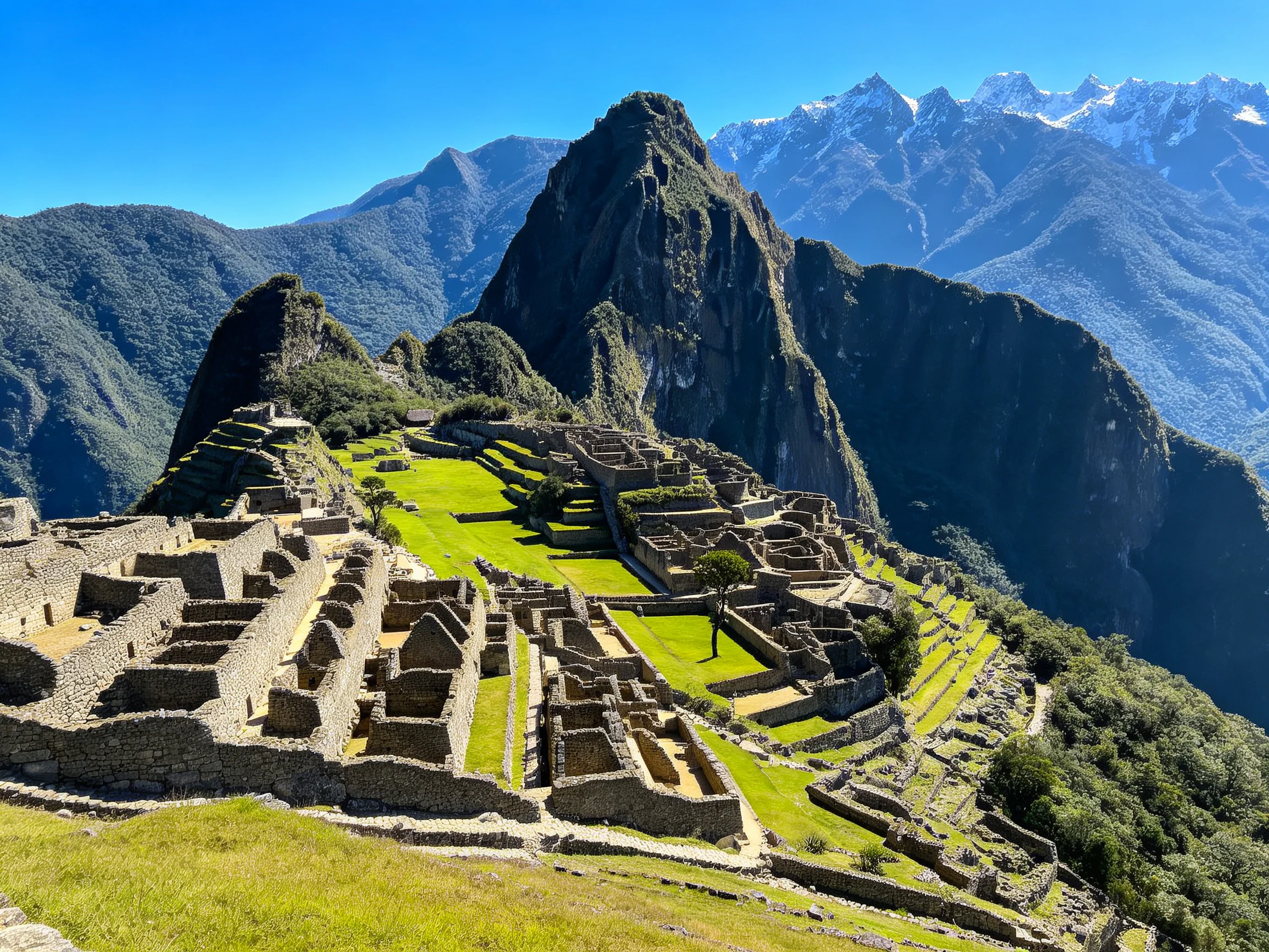 Machu Picchus ancient stone ruins amid green terraces and snow-capped peaks