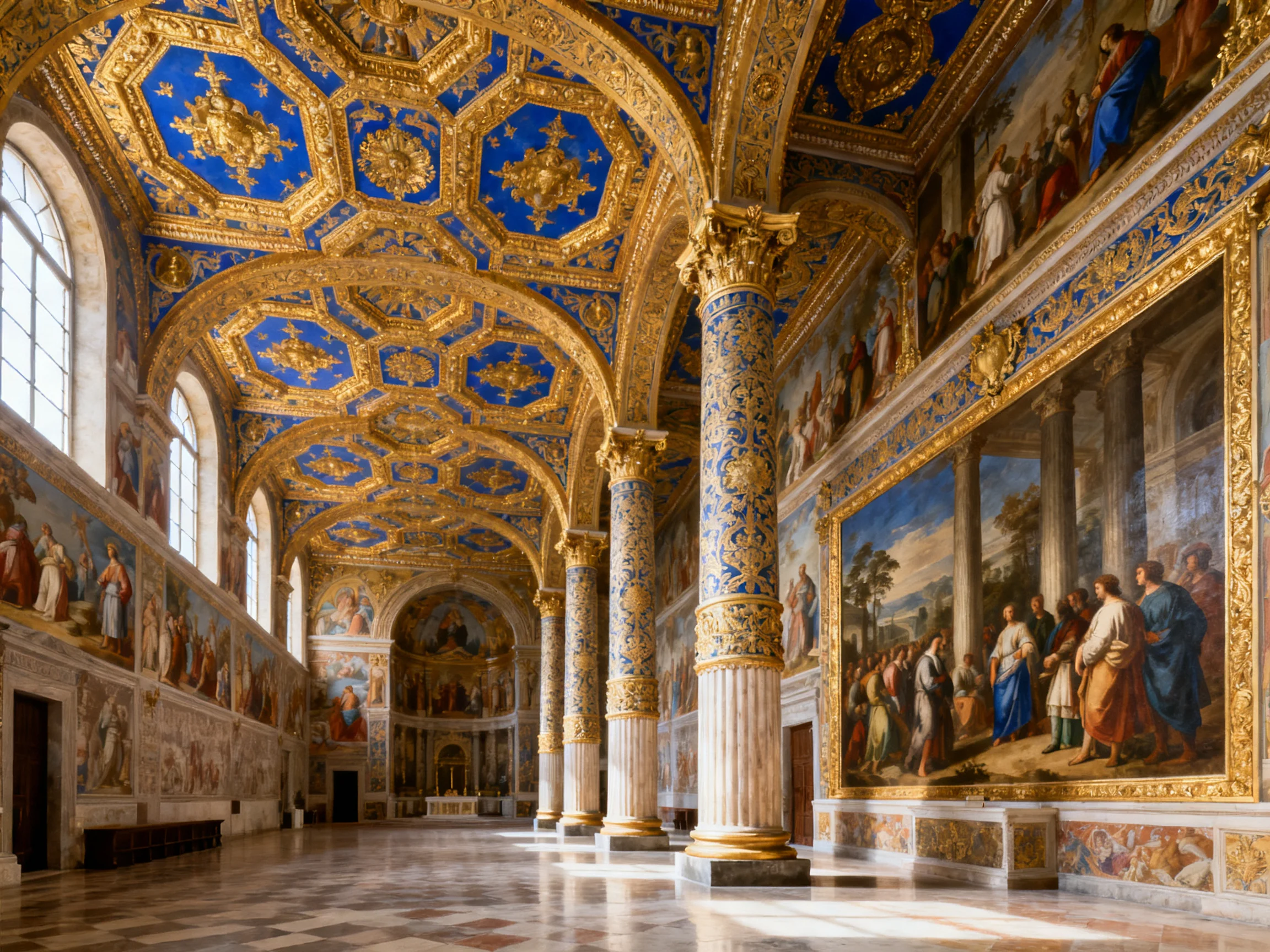 Magnificently Decorated Blue and Gold Hall with Historical Murals