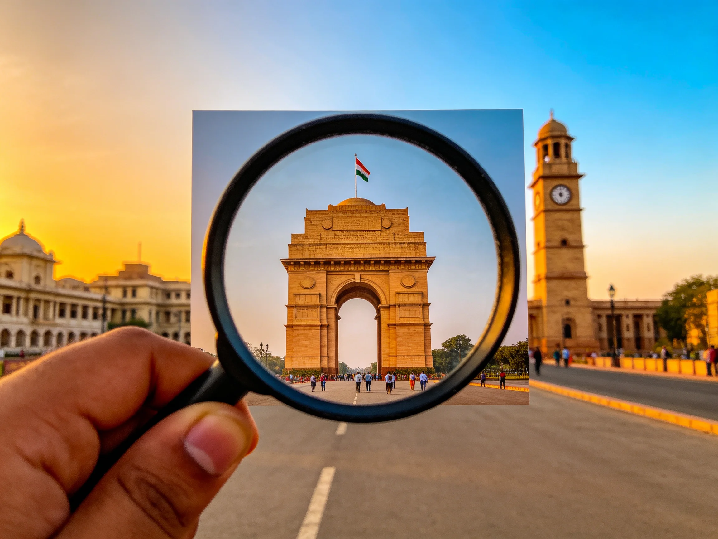 Magnifying Glass Highlights India Gate Under Sunset