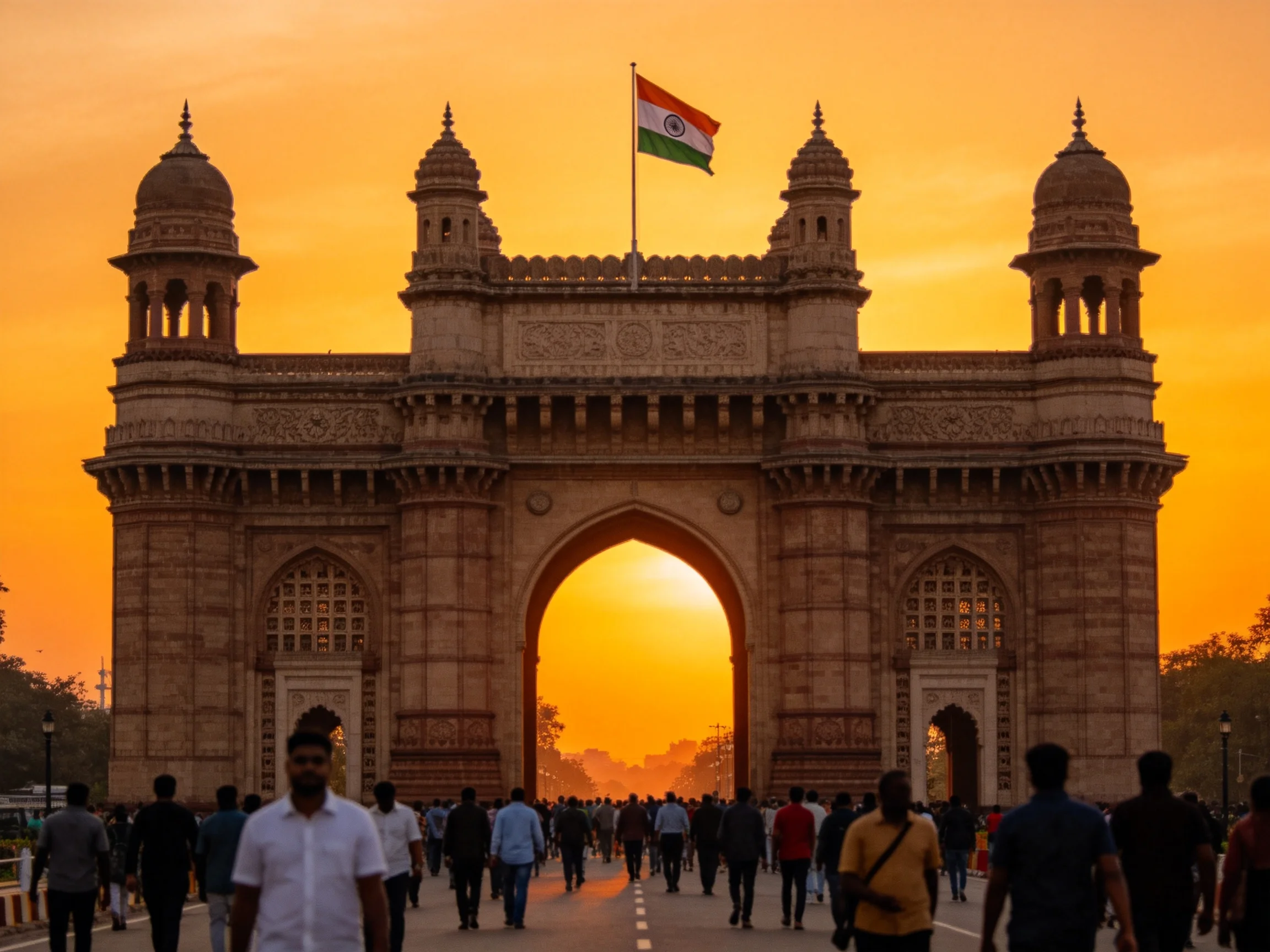 Majestic Gateway Arch with Indian Flag at Sunset