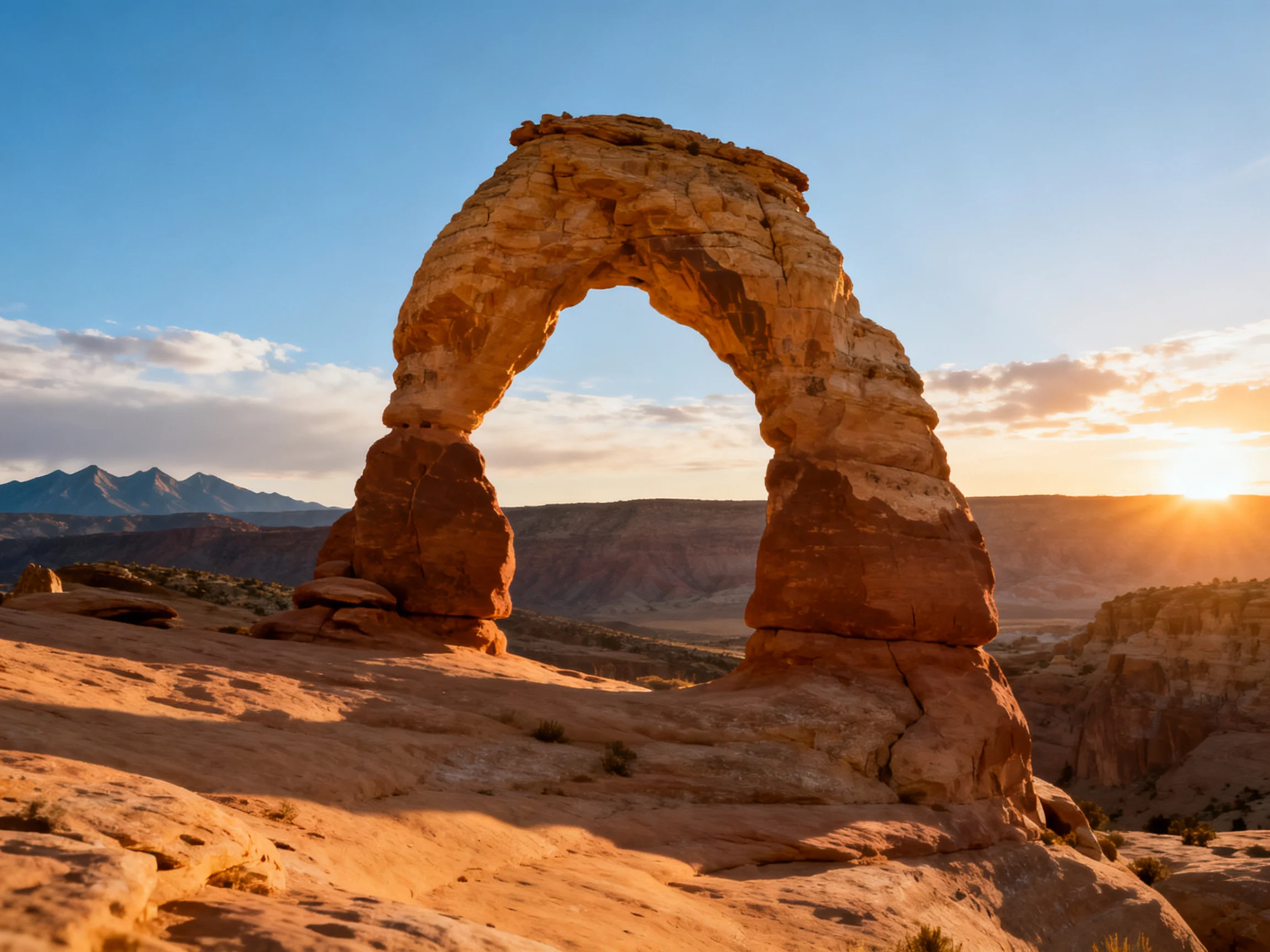 Majestic sandstone arch stands in desert canyon at sunset