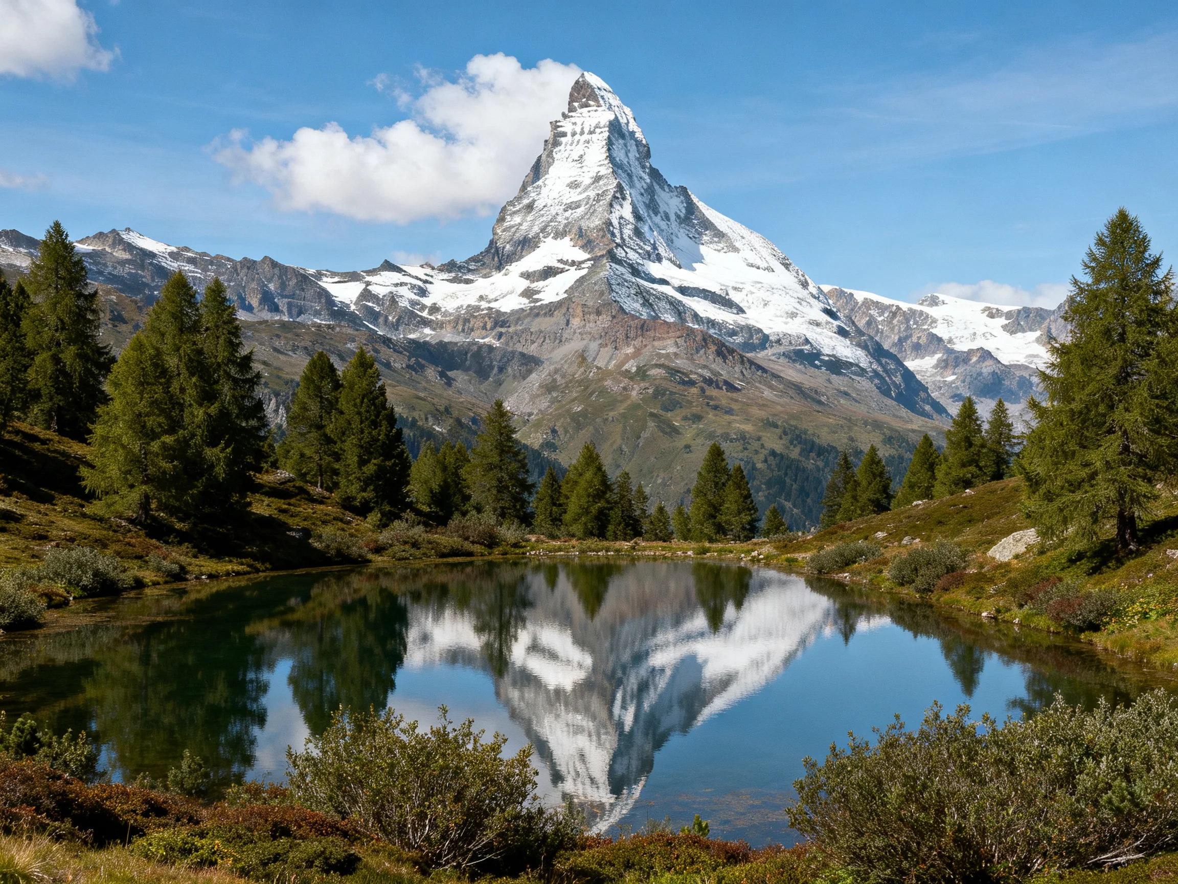 Majestic snow-capped mountain reflected in alpine lake with evergreen surroundings