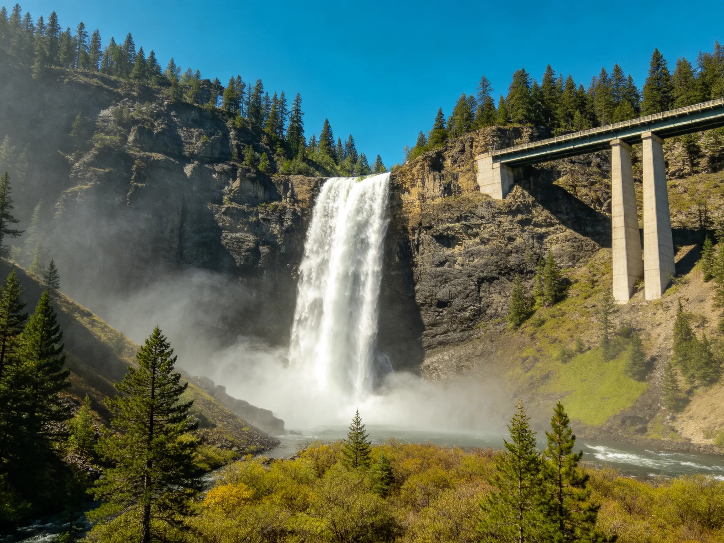 Majestic waterfall cascades beside a concrete bridge over rocky cliffs