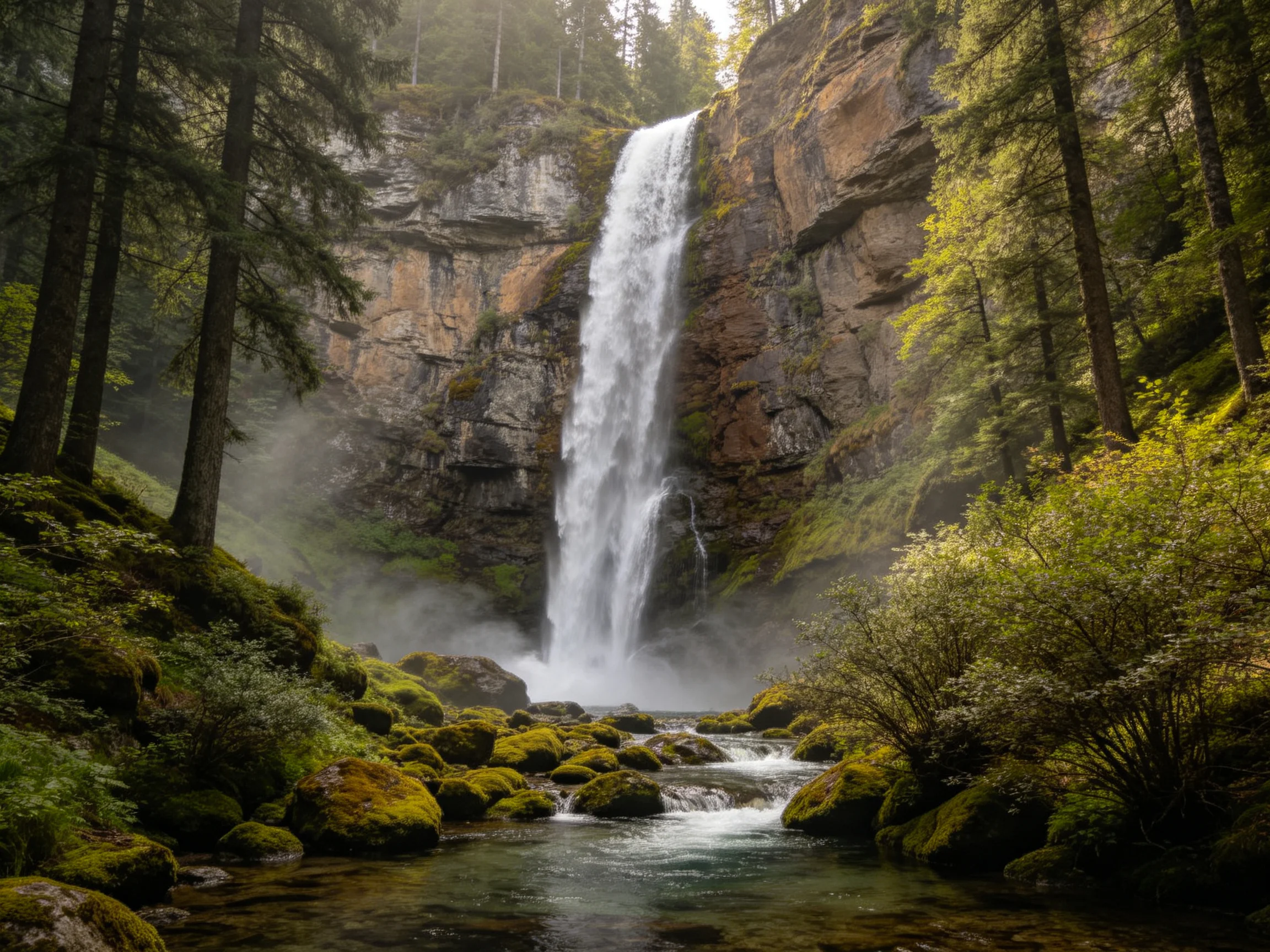 Majestic waterfall cascades over rocky cliff into moss-lined stream among dense forest