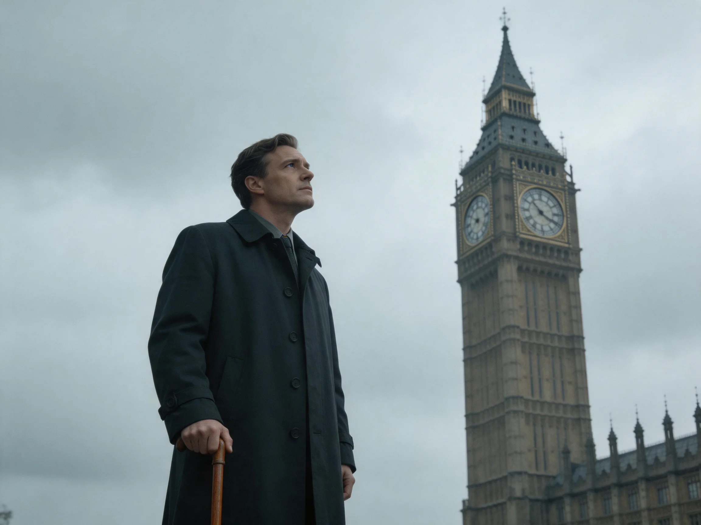 Man in long black coat standing by London’s iconic clock tower