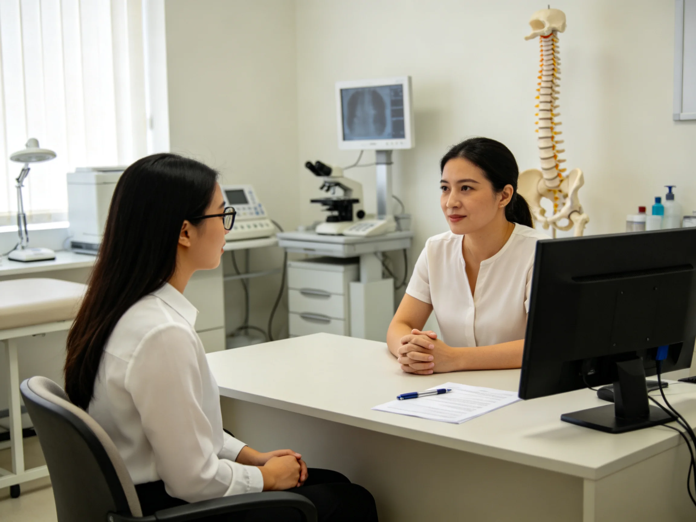 Medical examination room with two women discussing near diagnostic equipment