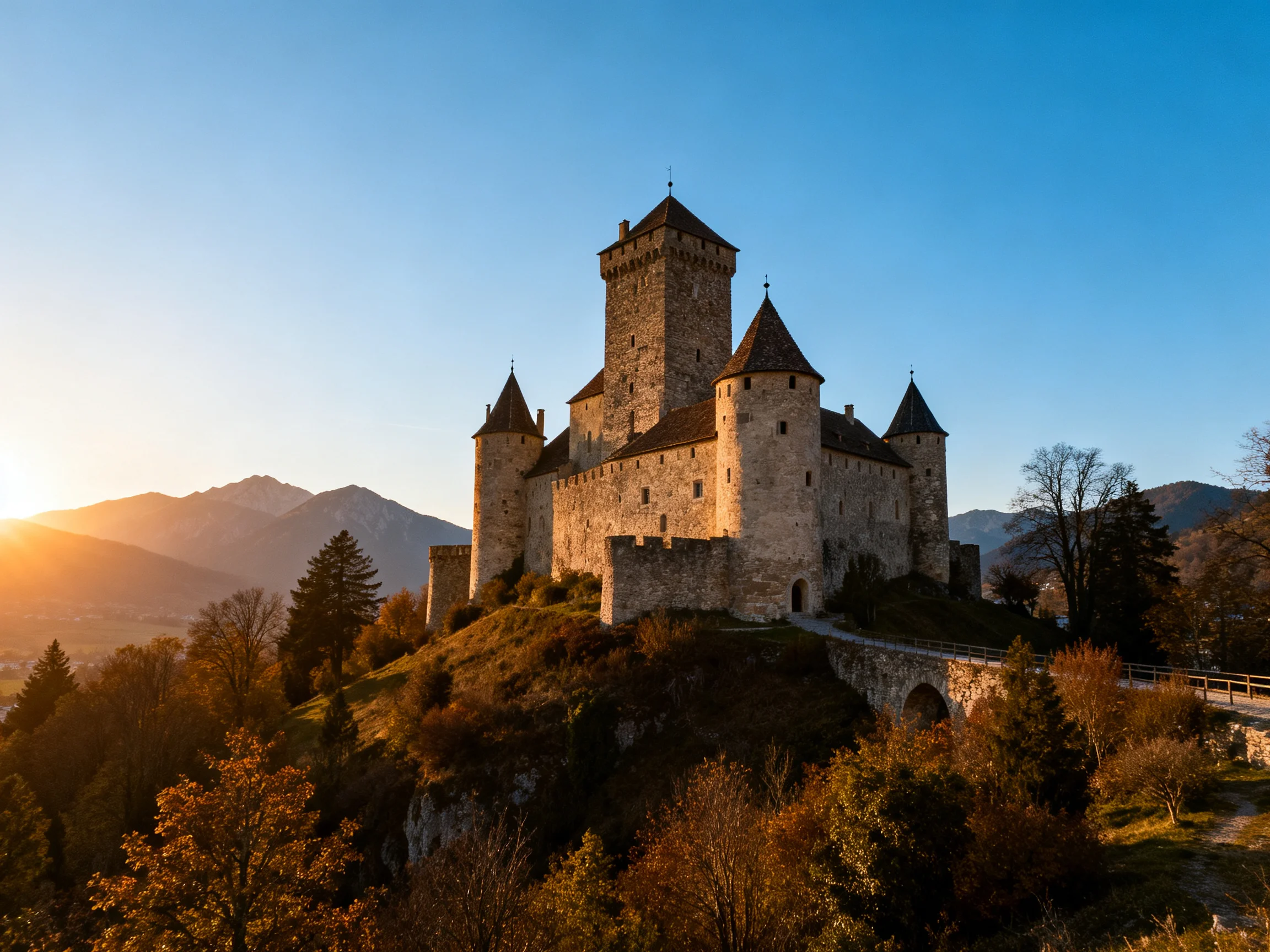 Medieval Castle Illuminated by Golden Sunset Near Mountainous Terrain