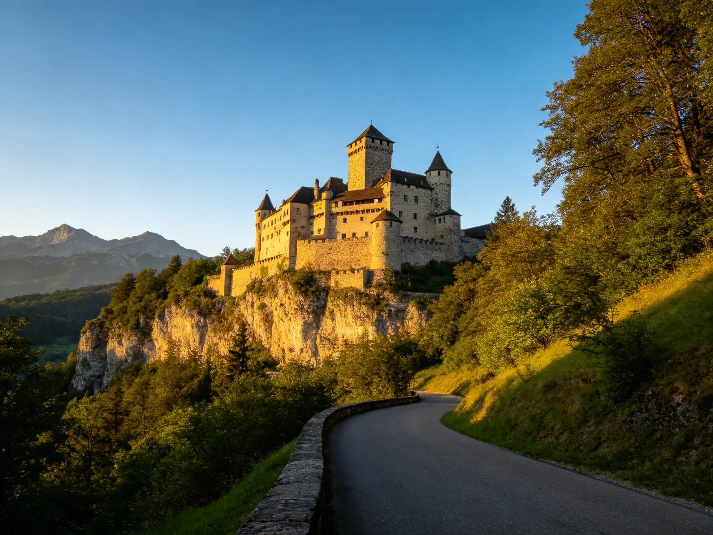 Medieval Castle Perched on Sunlit Cliffside with Mountain View
