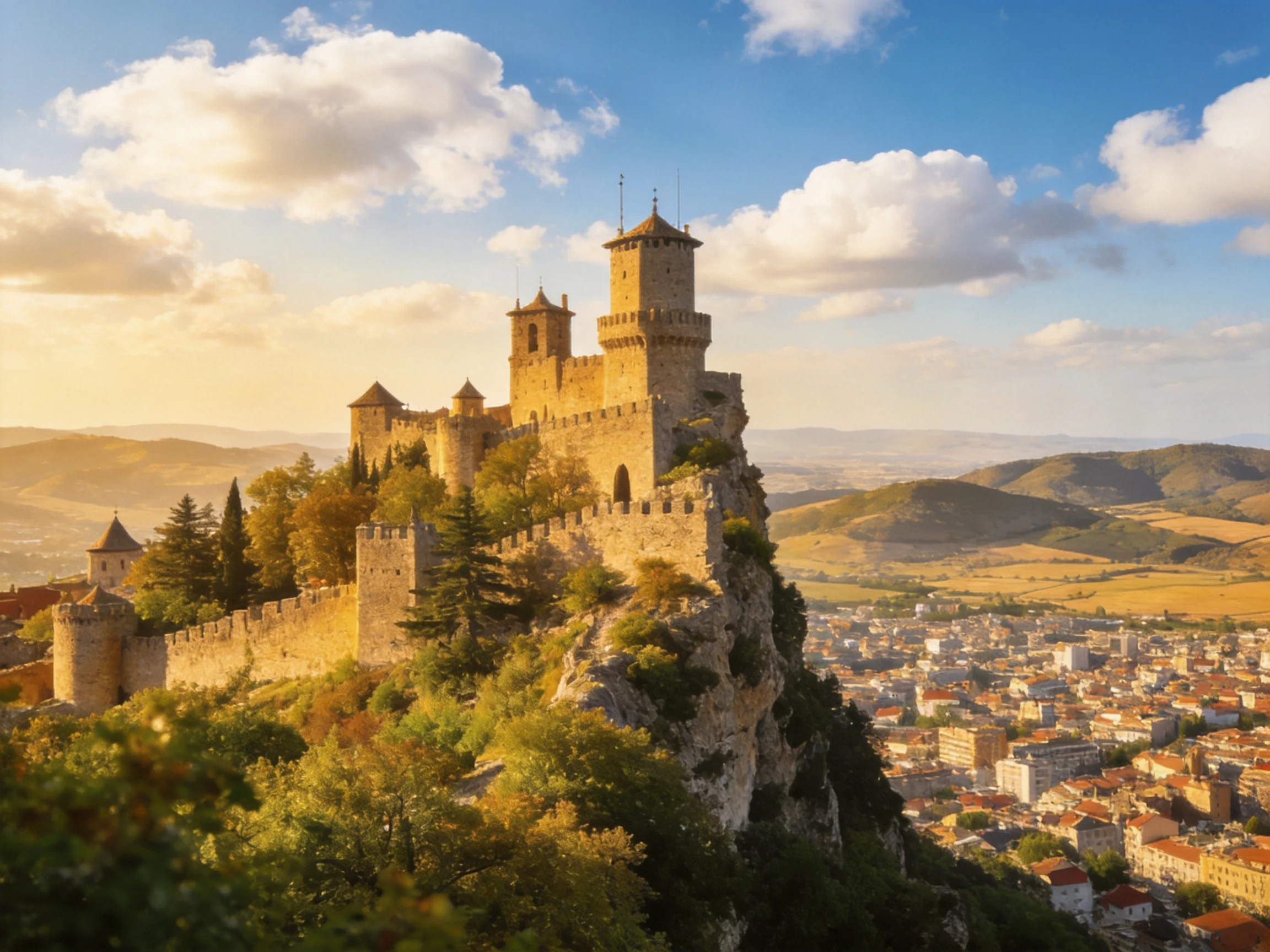 Medieval Castle Perched on a Rocky Hilltop Overlooking a Town