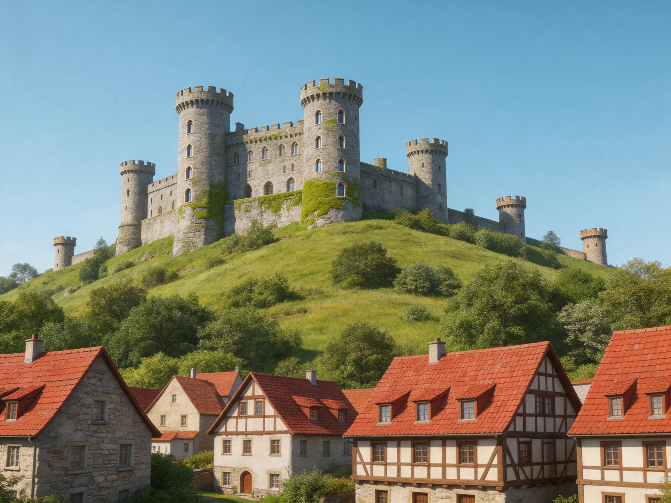 Medieval Castle on Hilltop with Red-Tiled Village Below