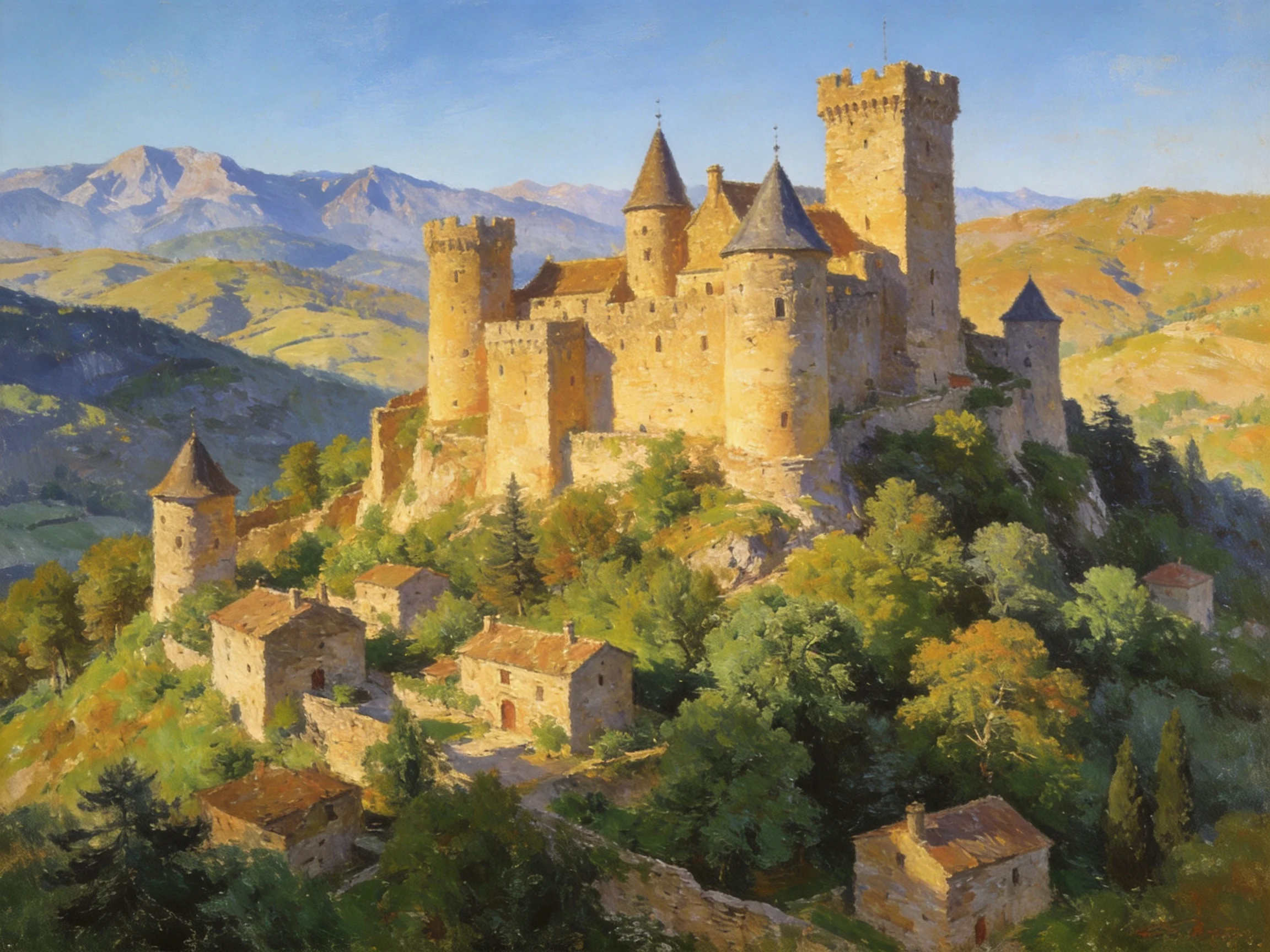 Medieval Castle on a Hilltop with Stone Structures and Verdant Surroundings
