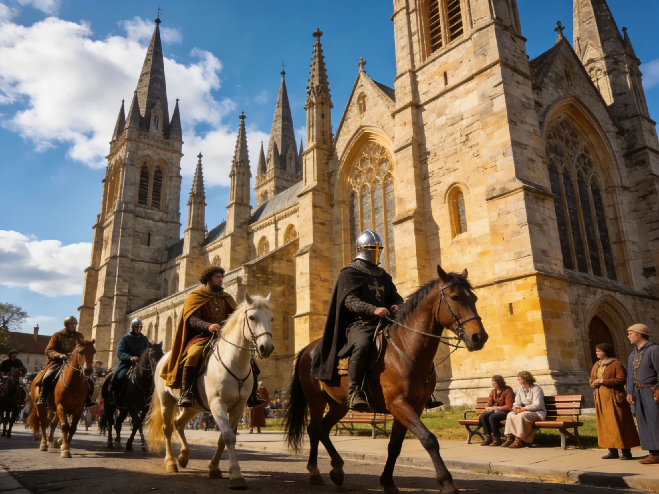 Medieval Knights Riding Horses Near a Stone Cathedral