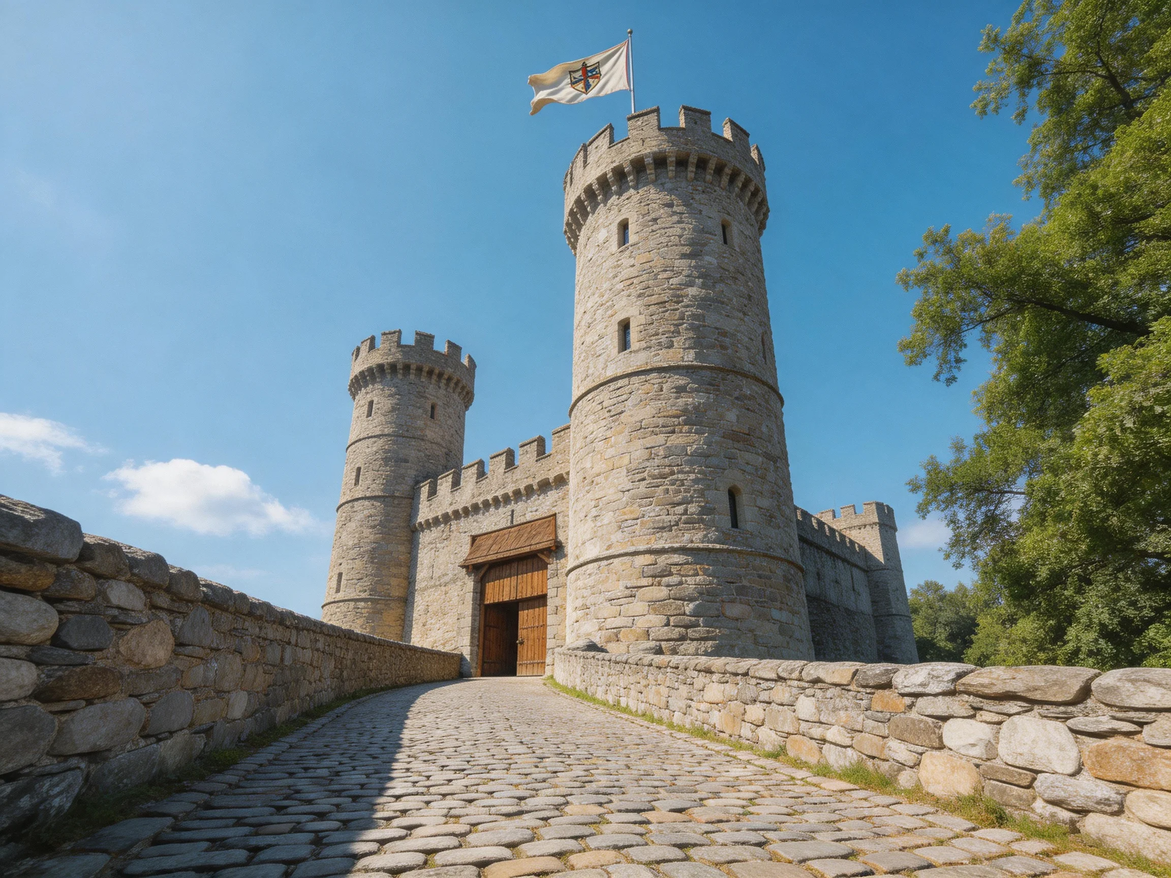 Medieval Stone Castle with Two Towers and Cobblestone Pathway