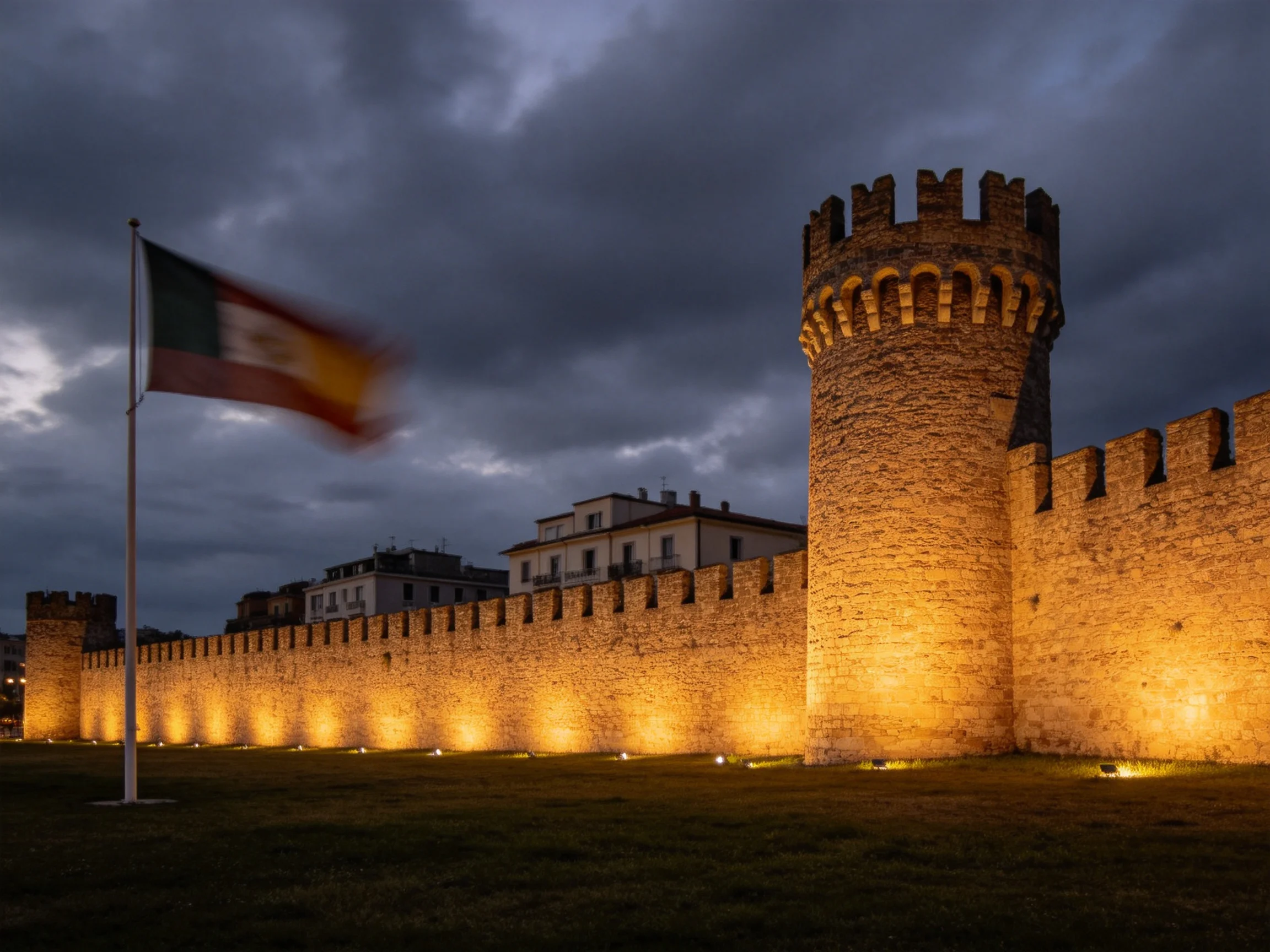 Medieval Stone Walls Illuminated at Dusk with a Blurred Flag