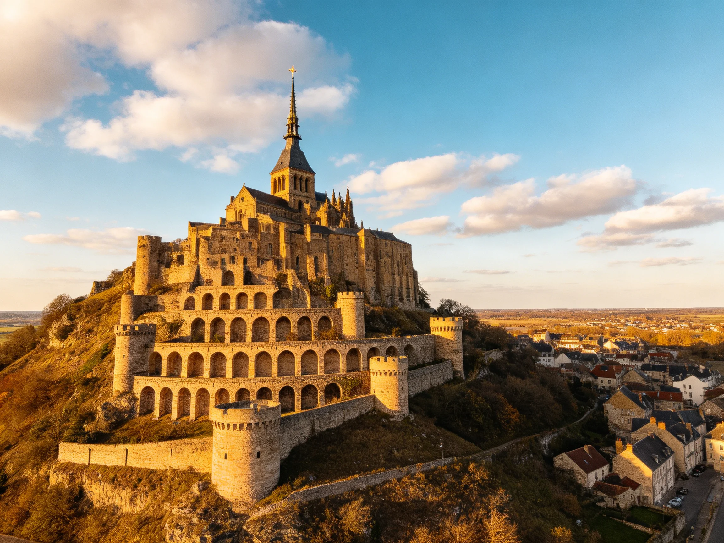 Medieval abbey atop rocky hill bathed in golden sunlight