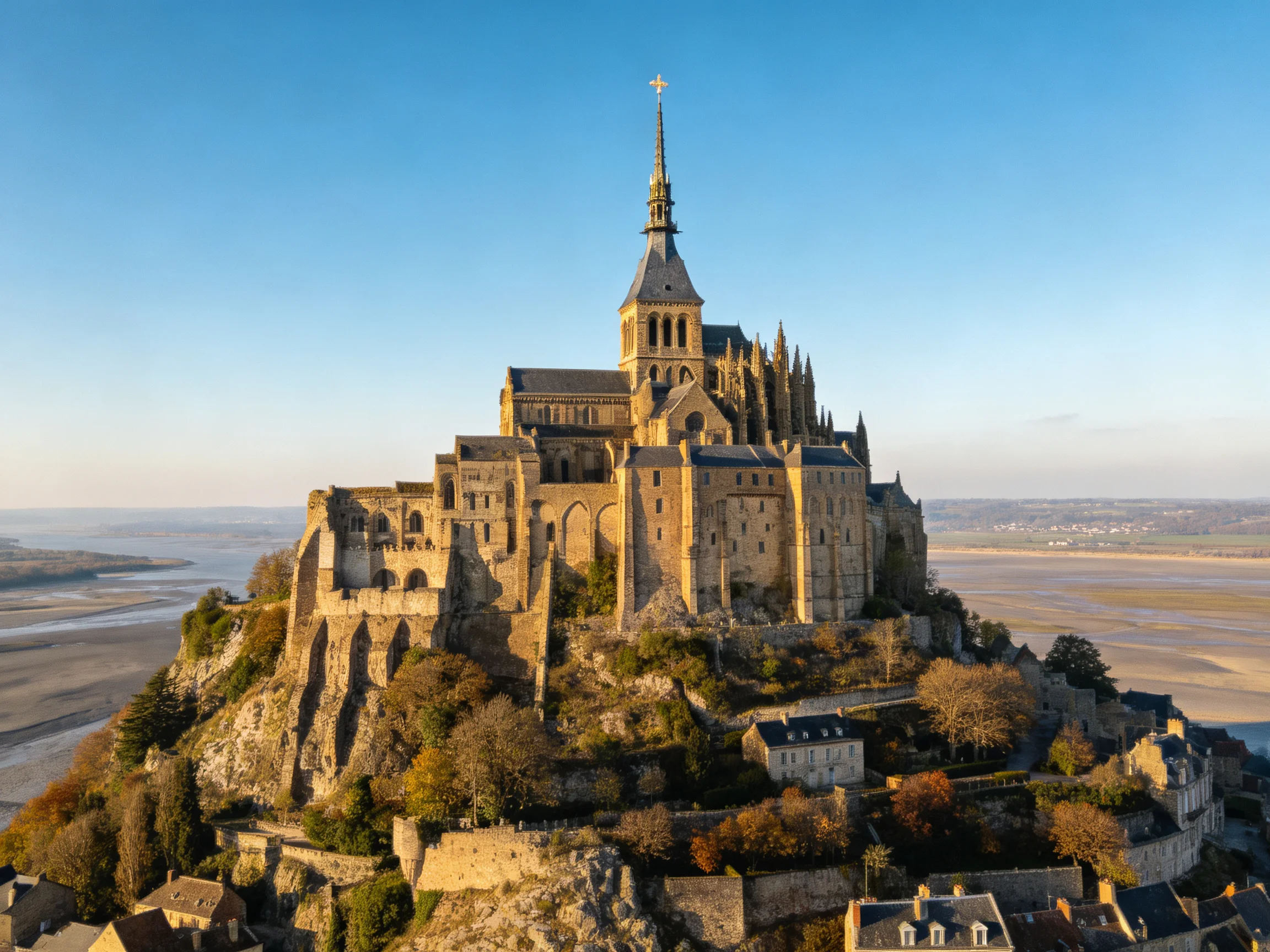 Medieval abbey atop rocky tidal mountaintop