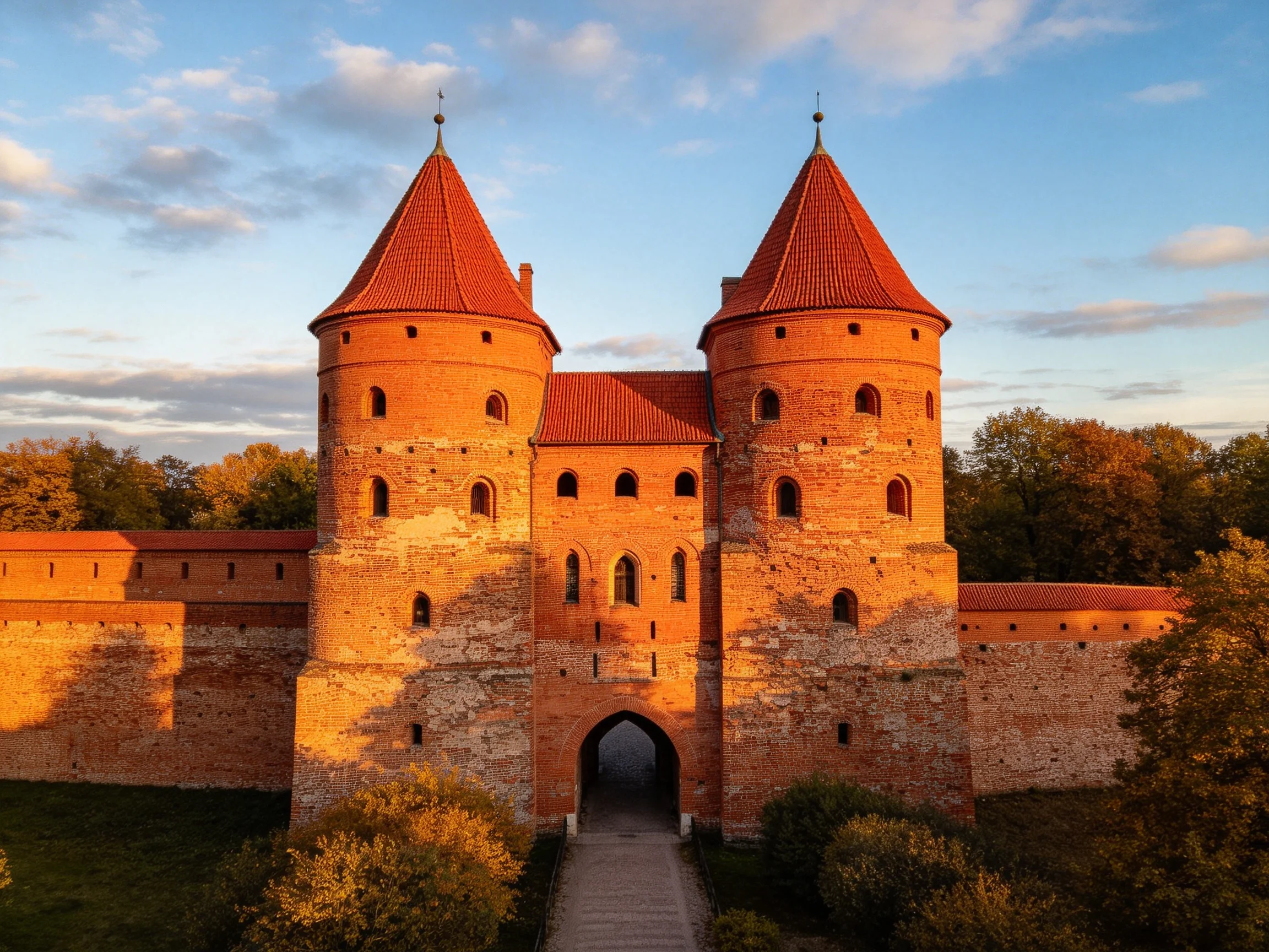 Medieval brick castle with twin red-roofed towers in golden light