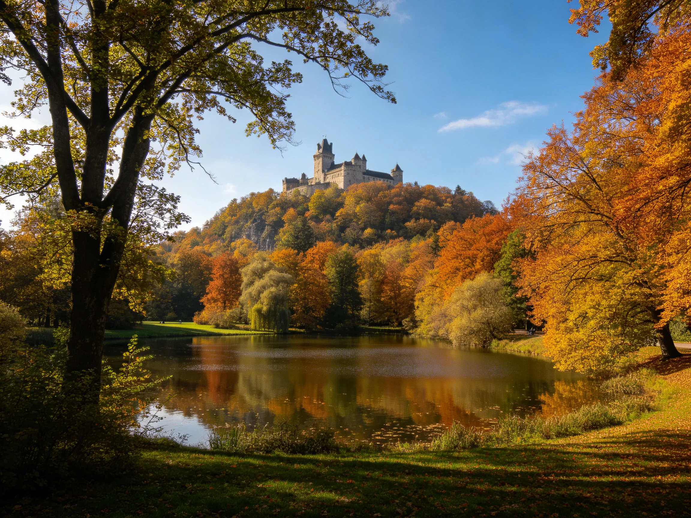 Medieval castle atop an autumn-hued hill beside a calm lake