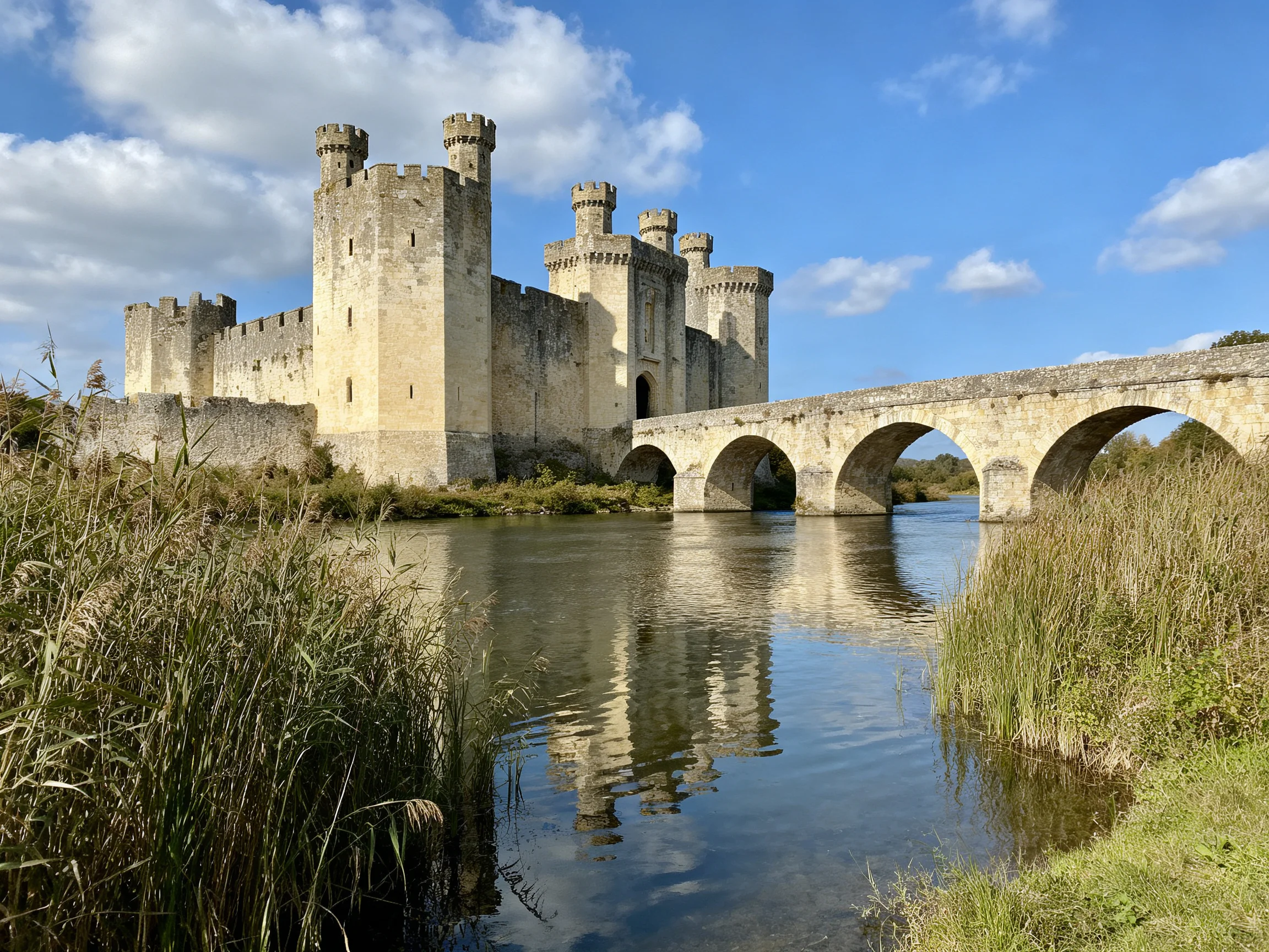 Medieval stone castle adjacent to an arched stone bridge over calm water