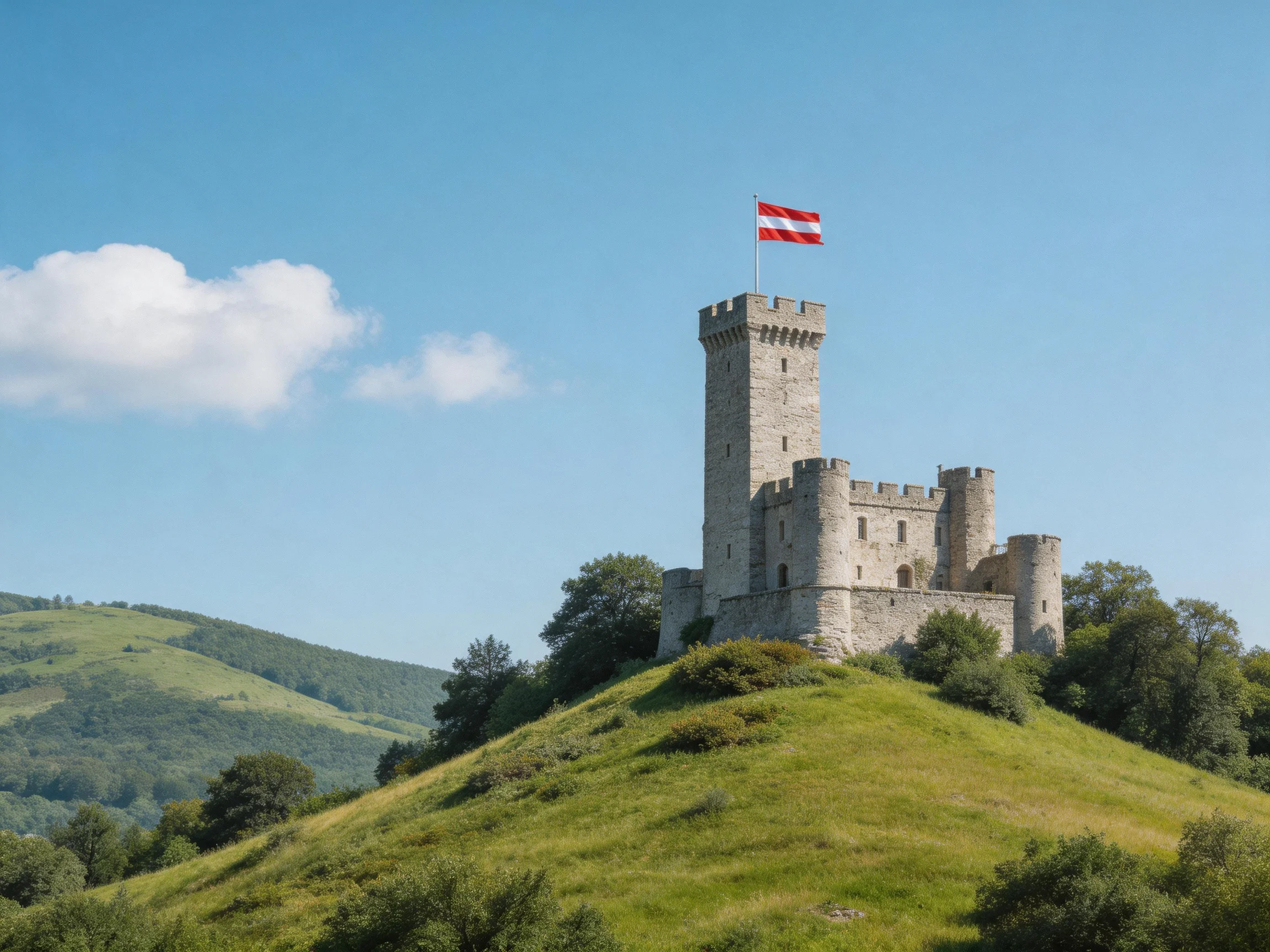 Medieval stone castle atop a lush green hill with a red-white flag