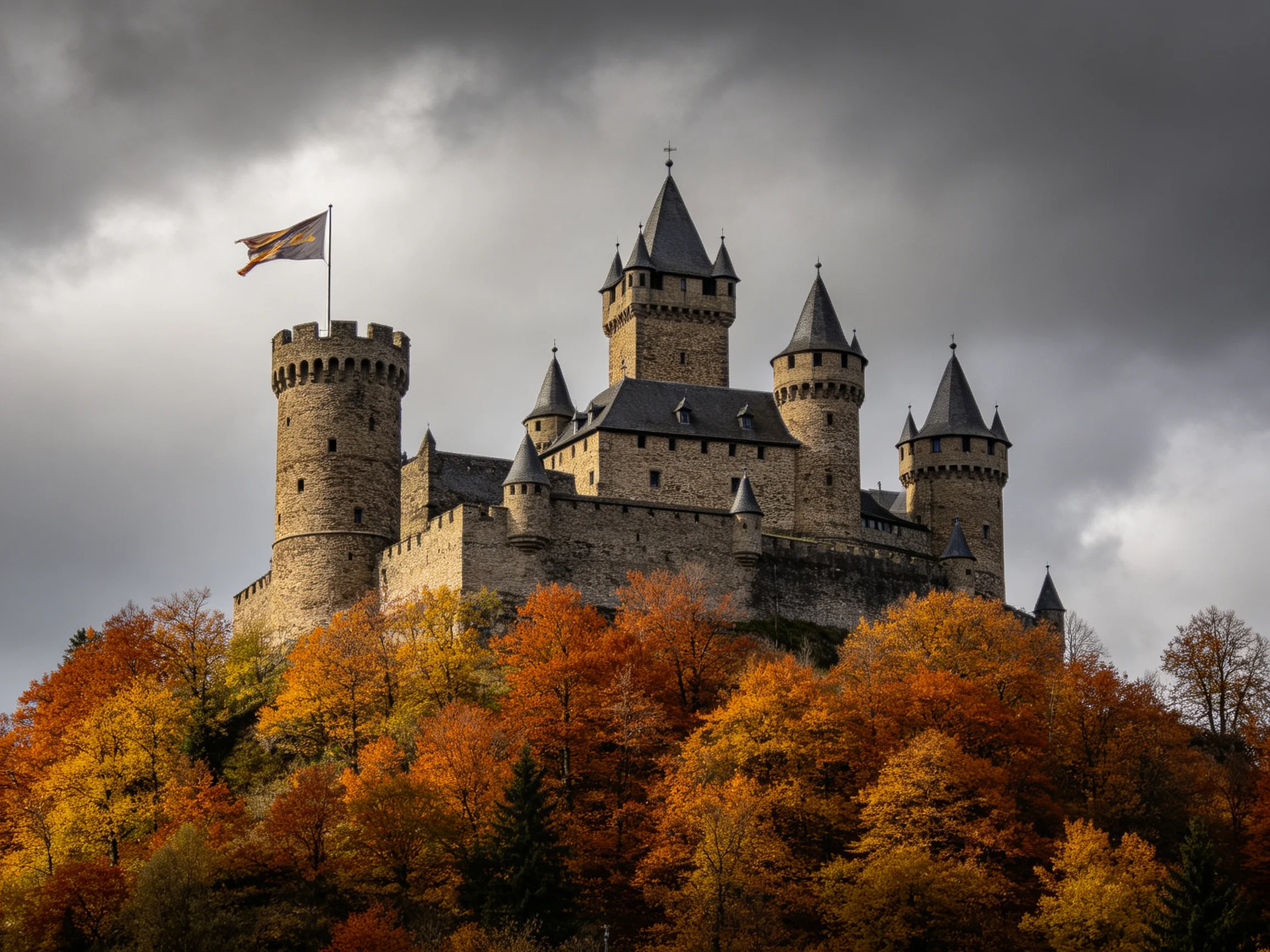 Medieval stone castle atop autumn hill with colorful trees under dark sky