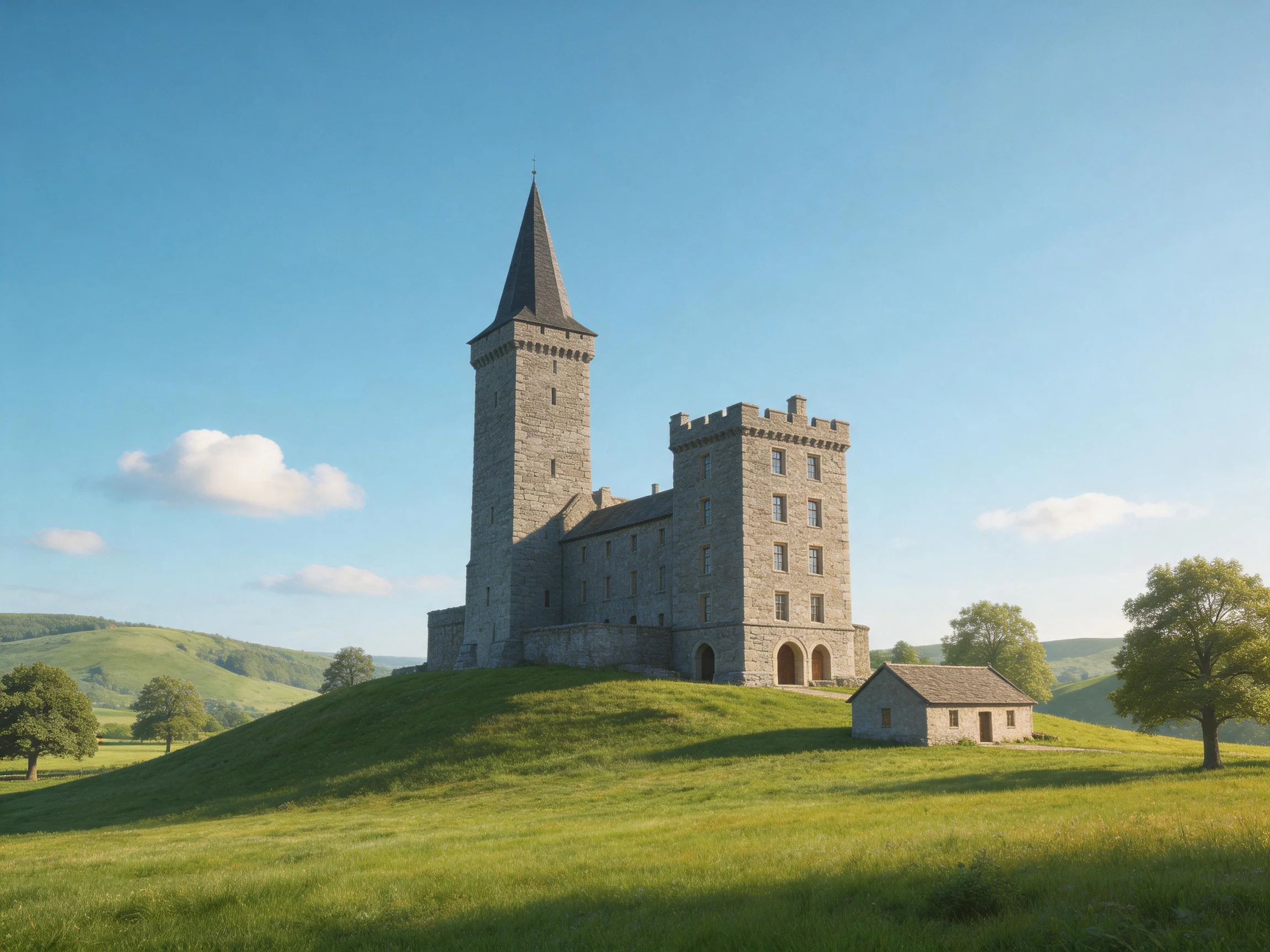 Medieval stone castle atop lush green hill under clear blue sky