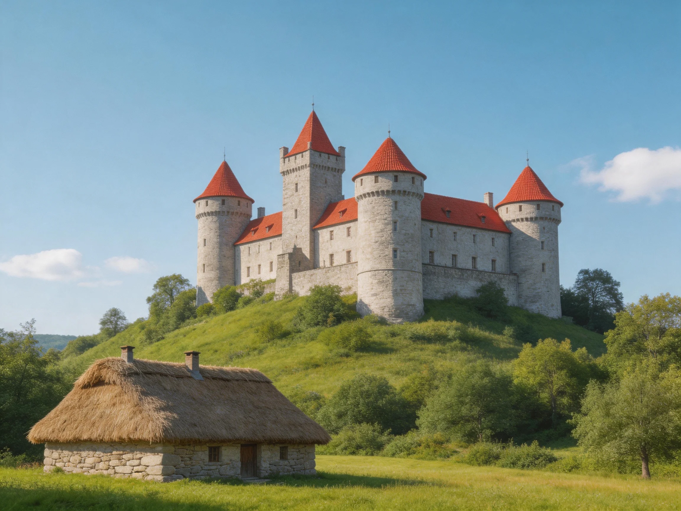 Medieval stone castle with red roofs atop a green hill near a thatched cottage