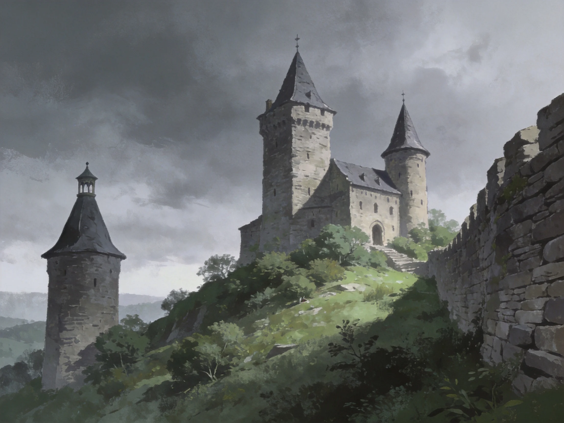 Medieval stone castle with towers on a green hilltop
