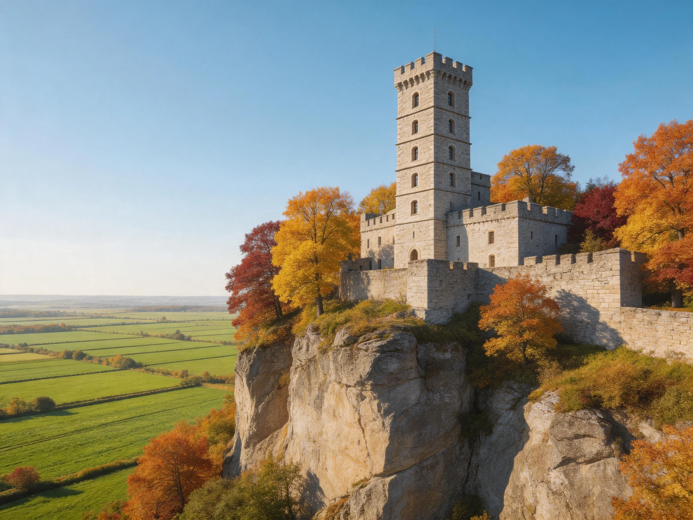 Medieval stone tower castle atop a rocky cliff with autumn foliage