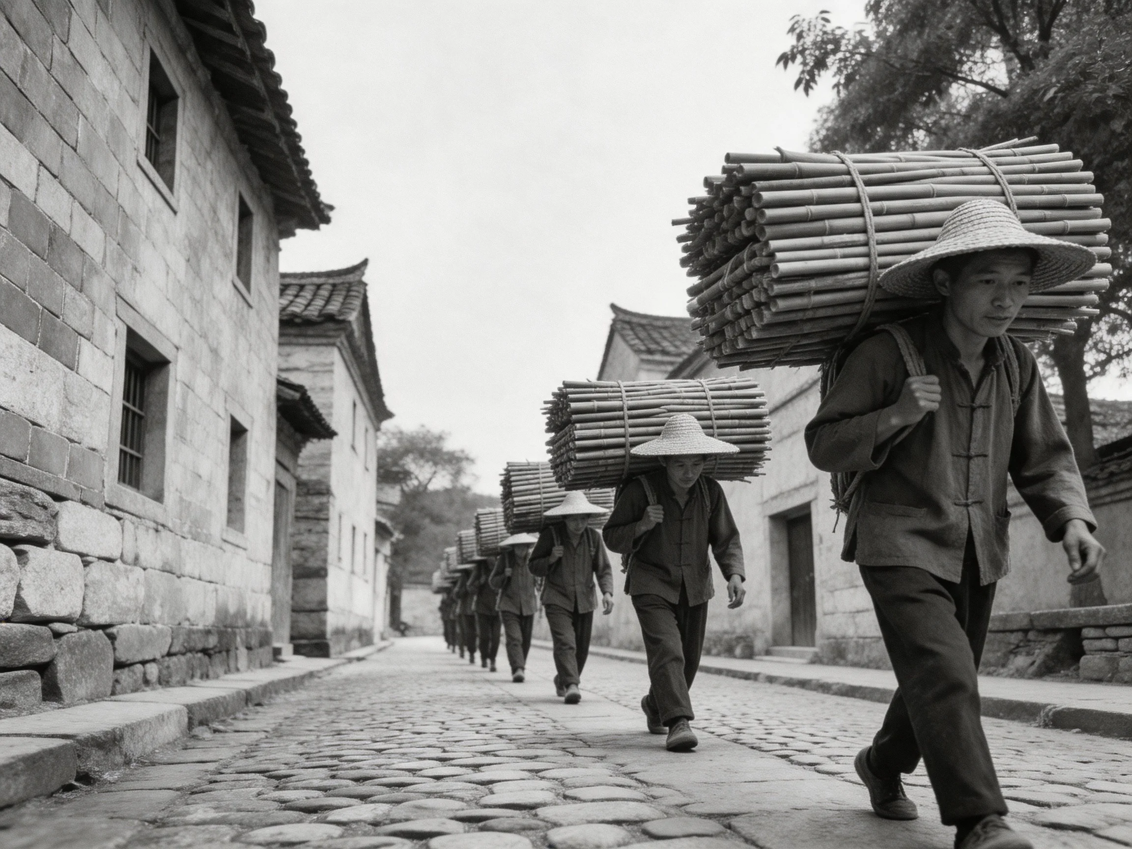 Men Carrying Large Bamboo Bundles Down Historic Cobblestone Streets