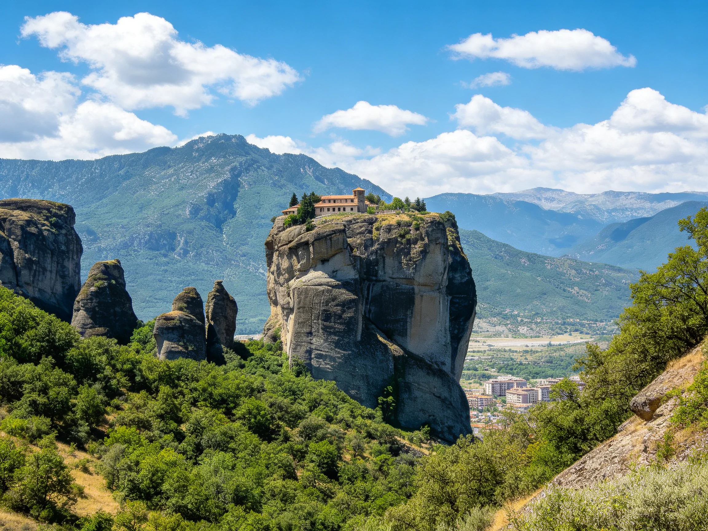Meteora Monastery atop massive gray rock formations with lush green surroundings