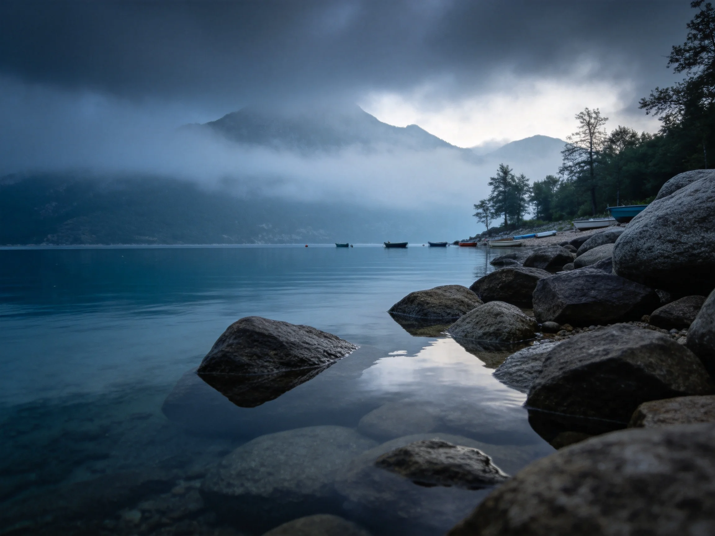 Misty Mountain Lake with Rocky Shoreline and Calm Blue Waters