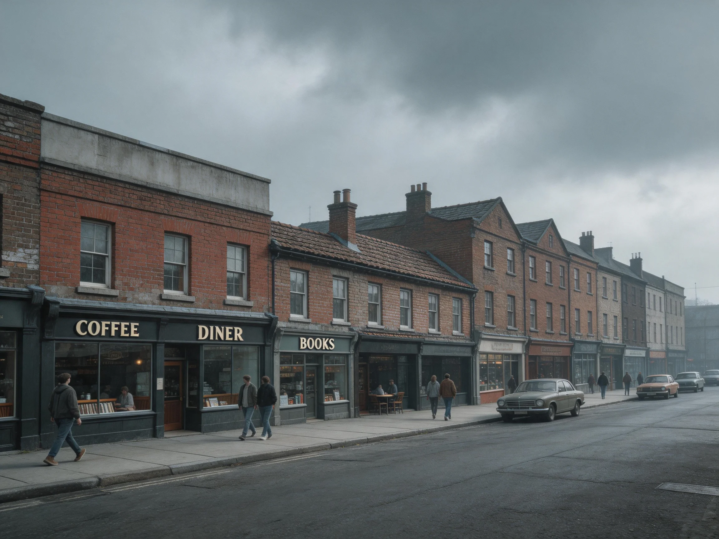 Misty Vintage Town Street with Brick Storefronts and Classic Cars