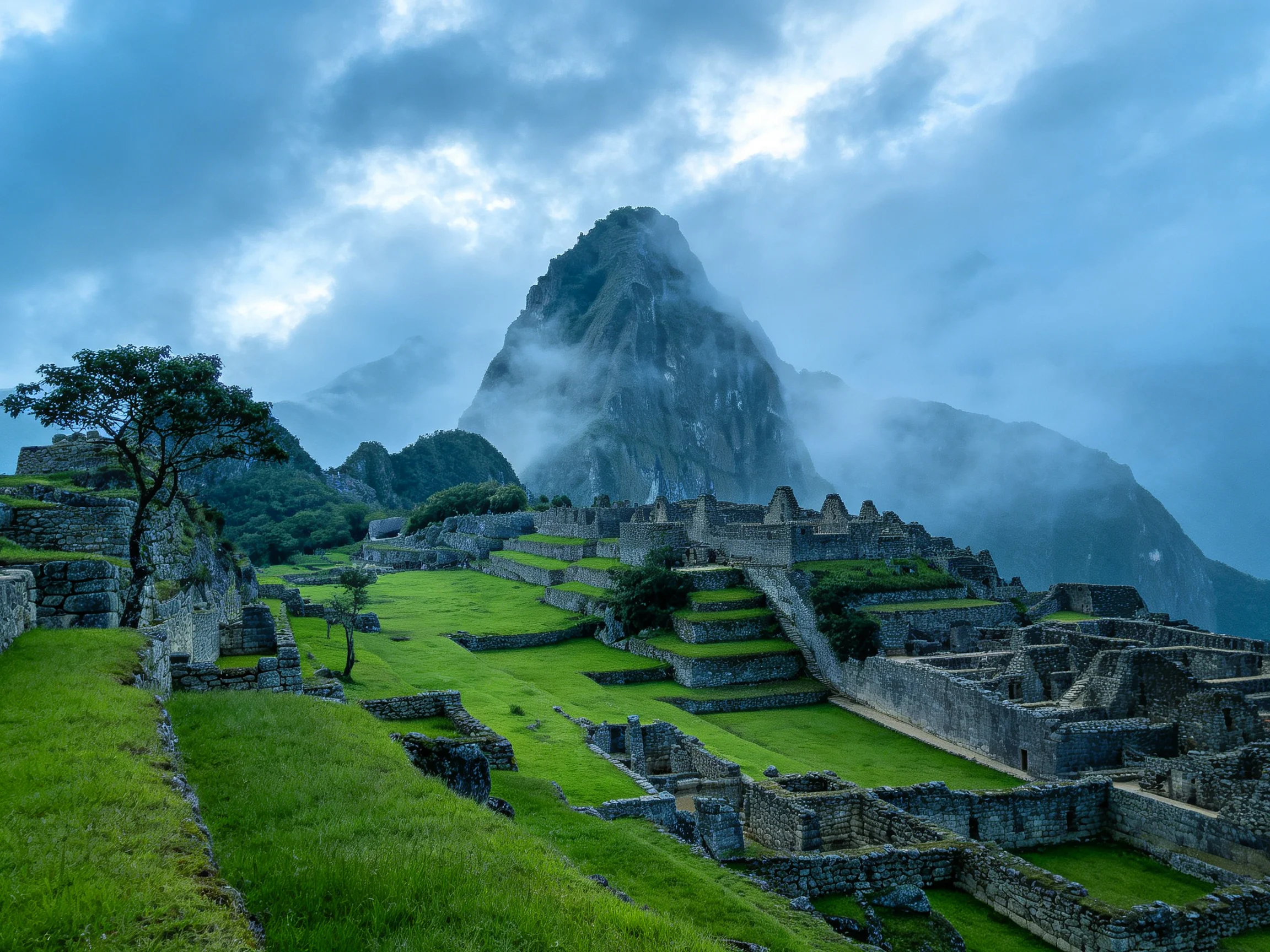 Misty mountain backdrop over ancient stone ruins with vibrant green terraces