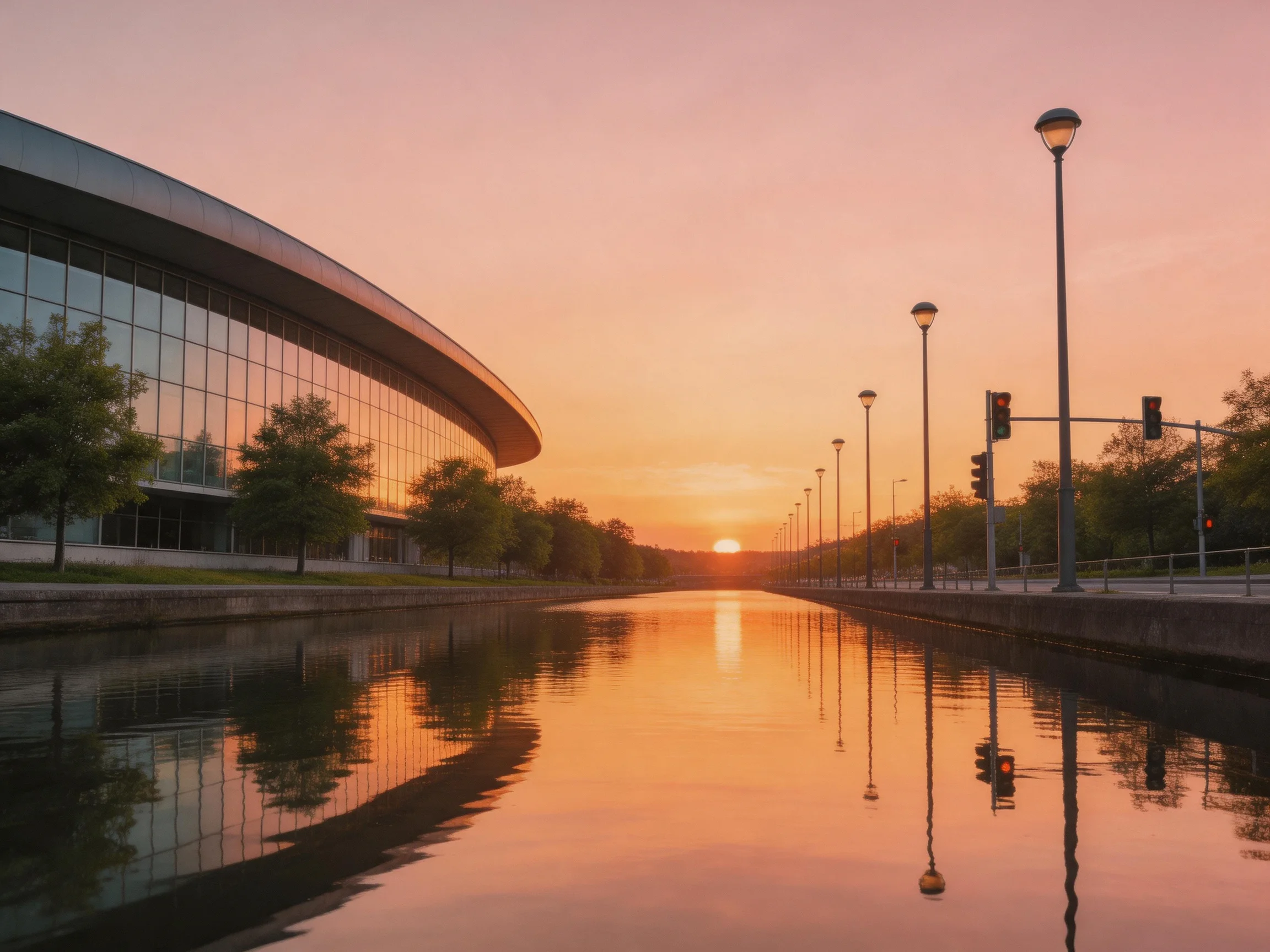 Modern glass building beside calm waterway at sunset