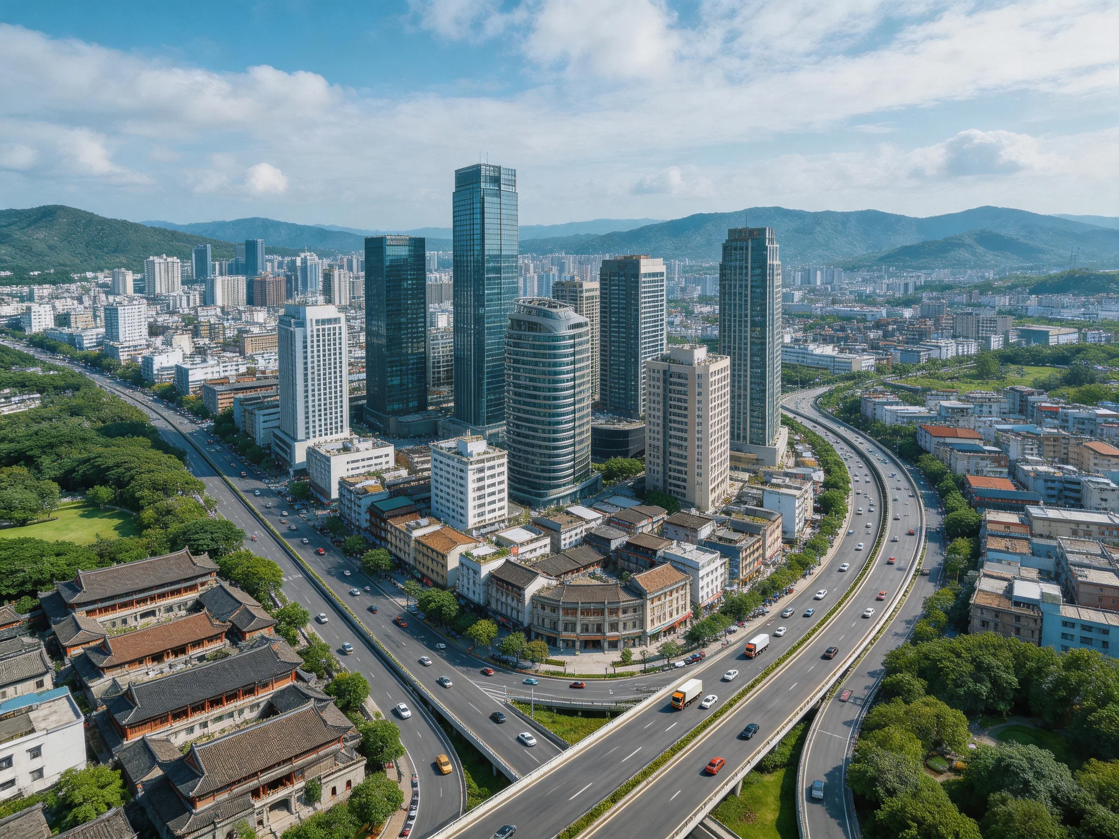 Modern skyscrapers and historic buildings near curving highways with mountain backdrop