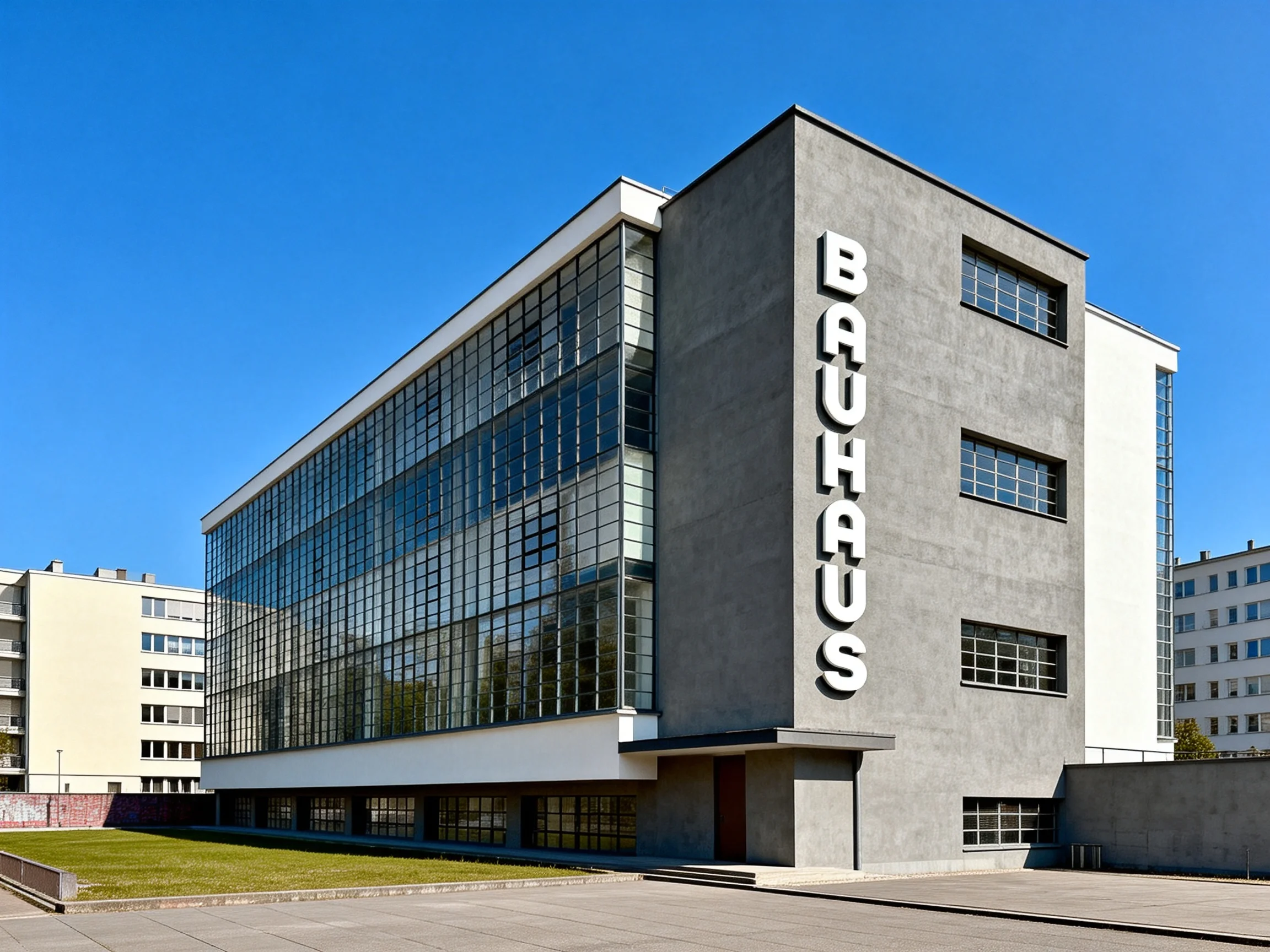 Modernist Bauhaus Building with Gray Concrete Facade