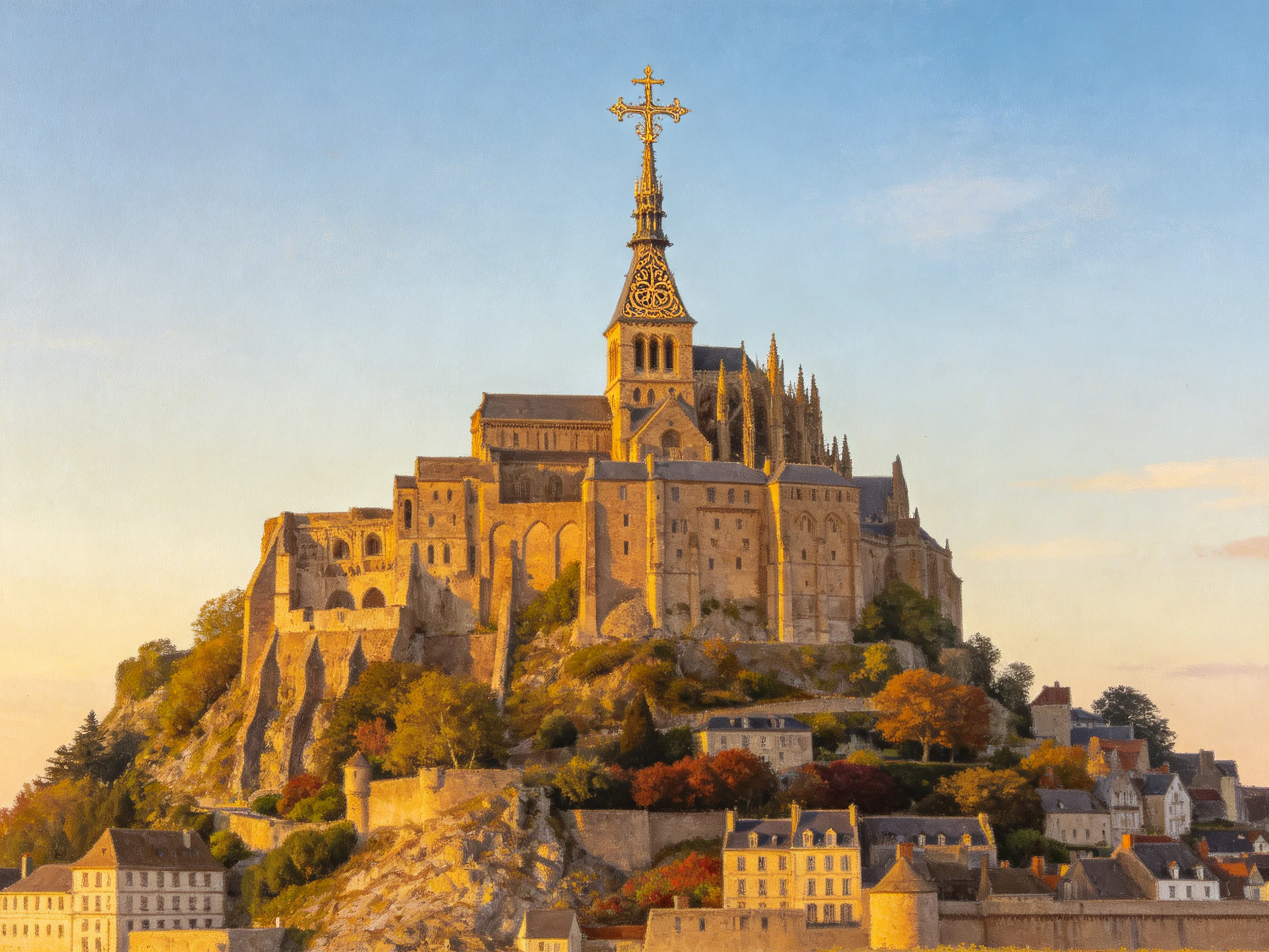 Mont Saint-Michel Abbey atop a rocky hill with golden stone structures