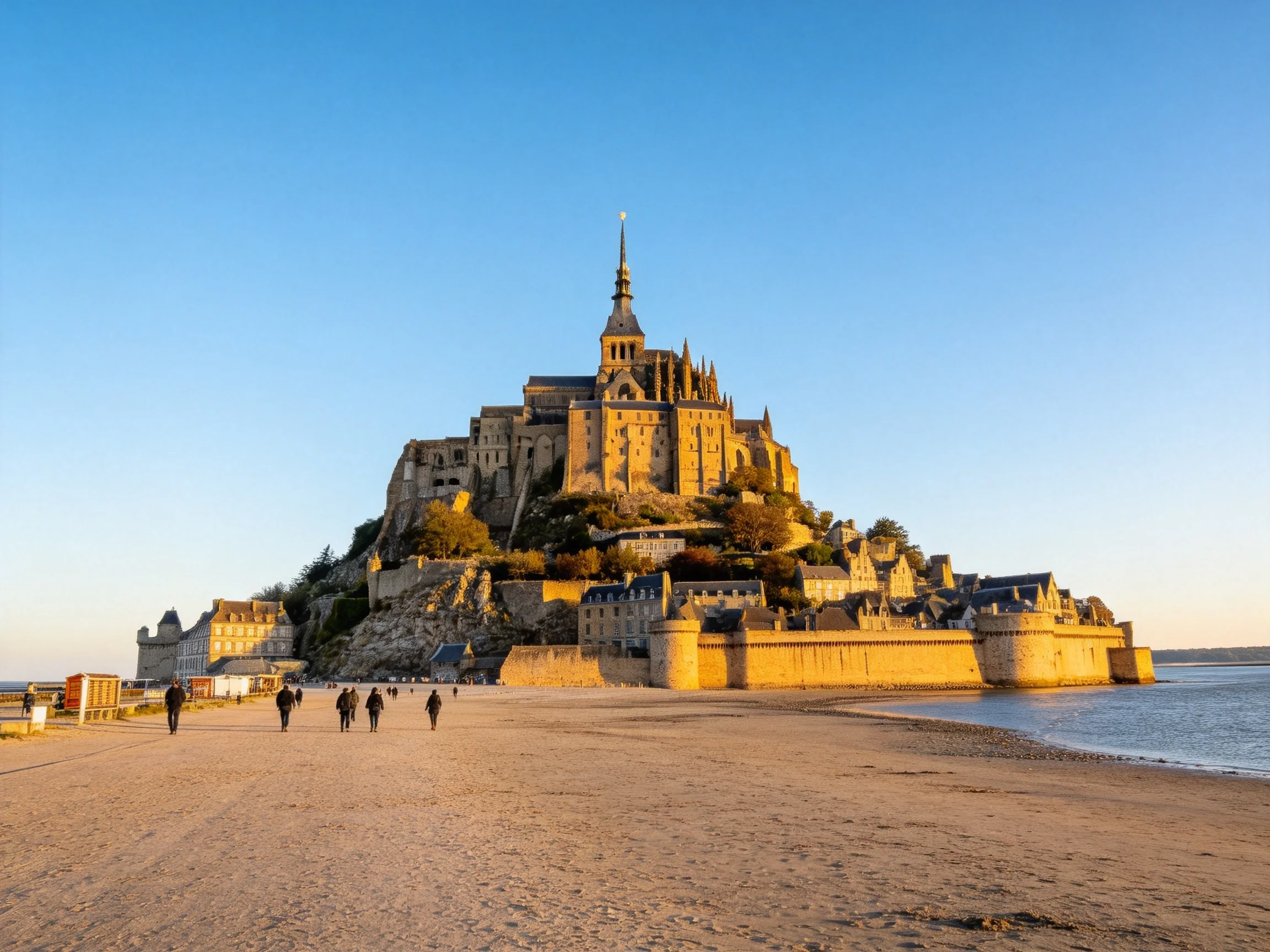 Mont Saint-Michel Abbey on Sandy Beach Under Clear Blue Sky